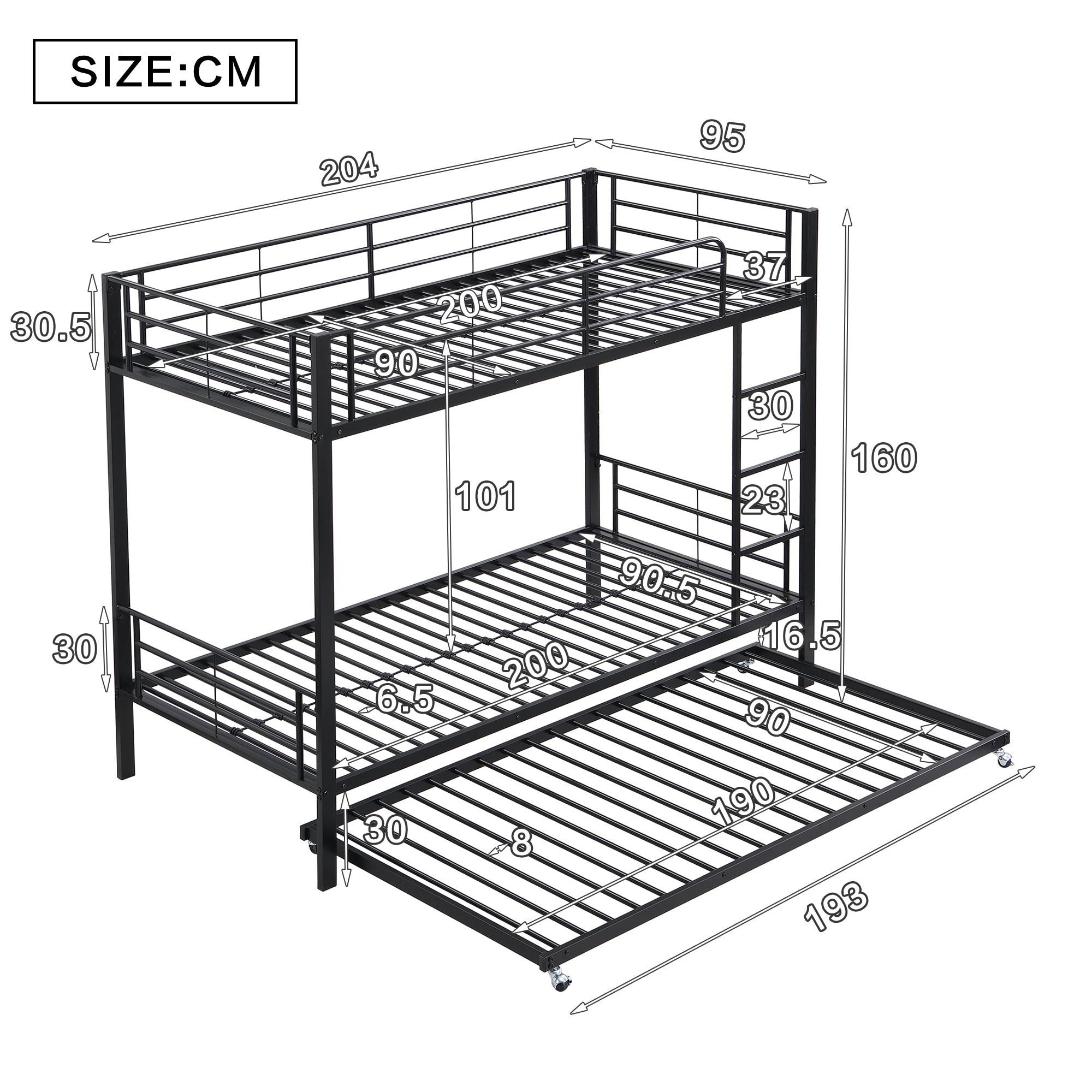 Logidon Stapelbed Ijzer Zwart 90x200 en 90x190 met uitschuifbaar bed