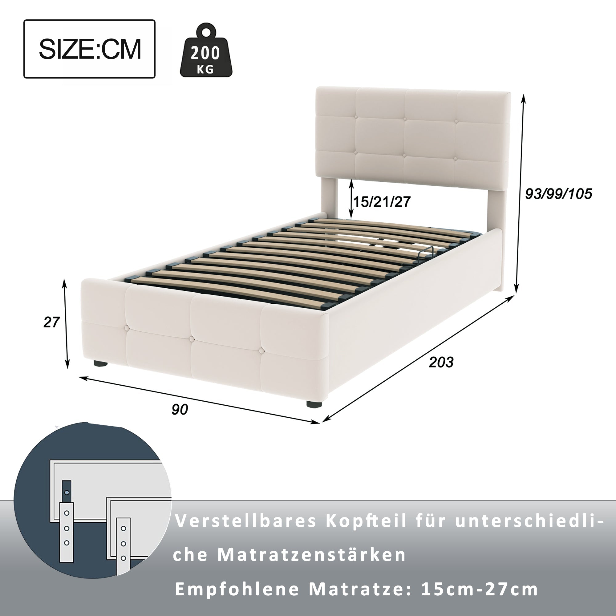 Logidon gestoffeerd bed 90x200cm beige fluwelen stof hydraulische opbergruimte