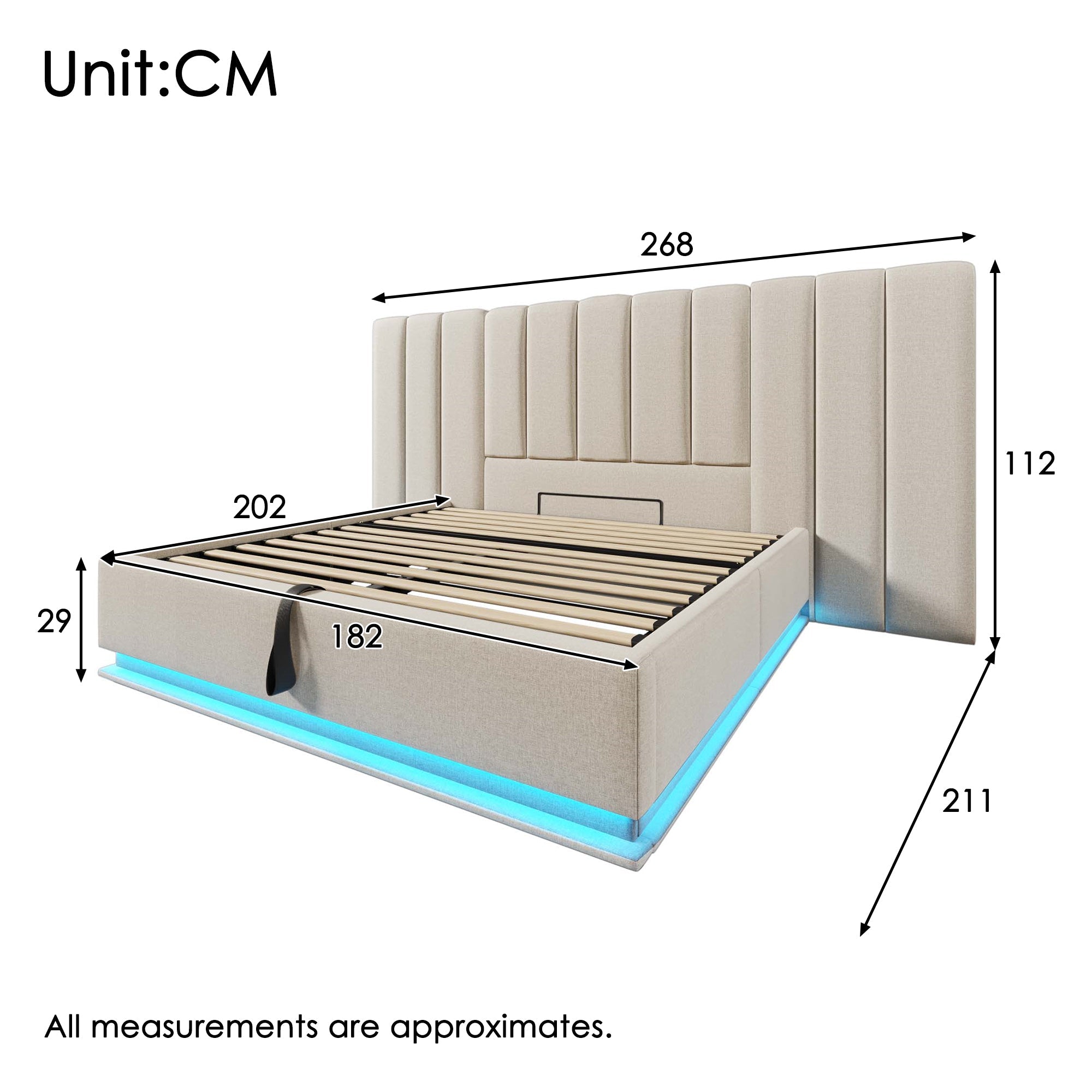 Logidon gestoffeerd bed 180x200 opbergruimte met LED USB oplaadfunctie beige