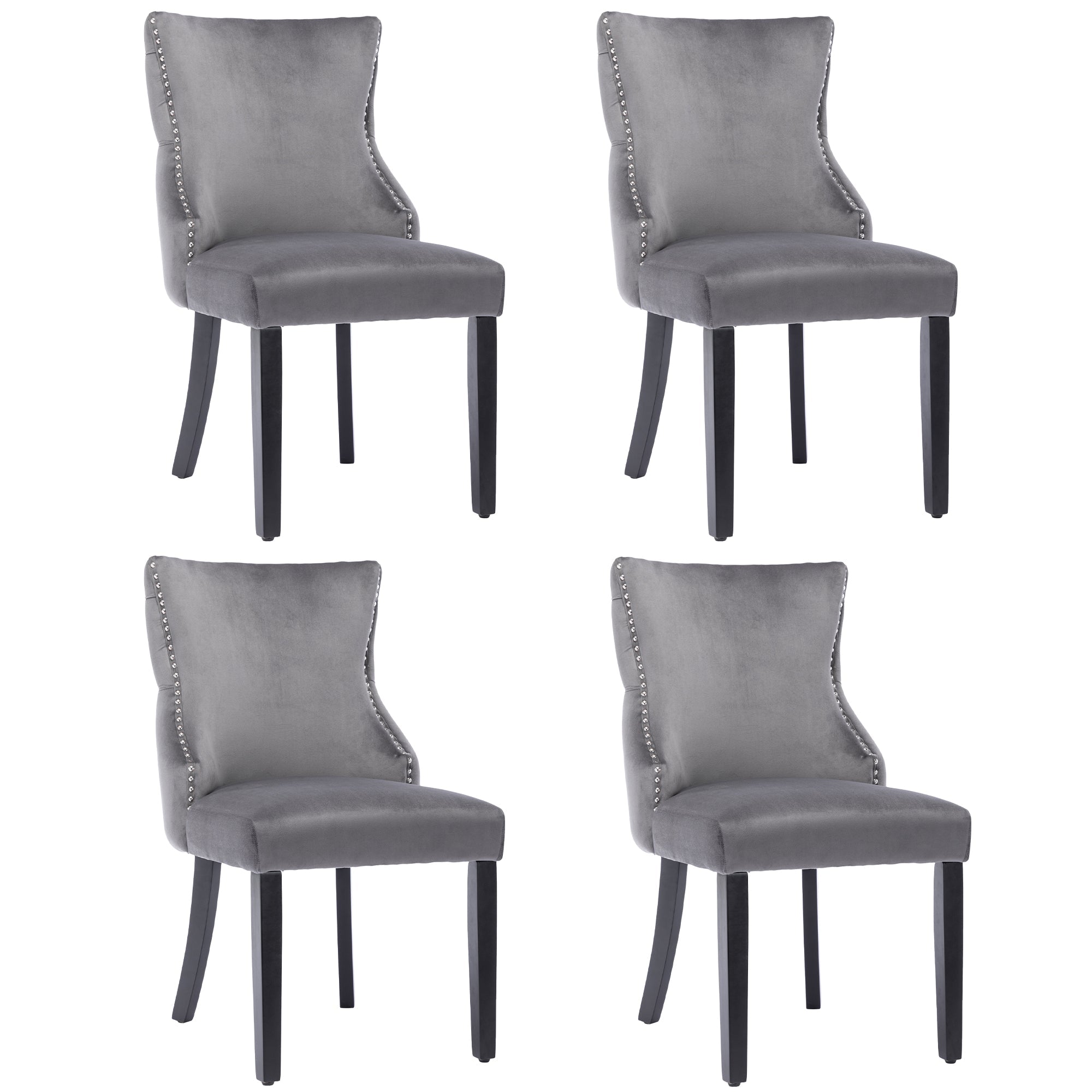 Logidon 12-poots stoel grijs fluwelen knoopsquilt massief houten frame set van 4