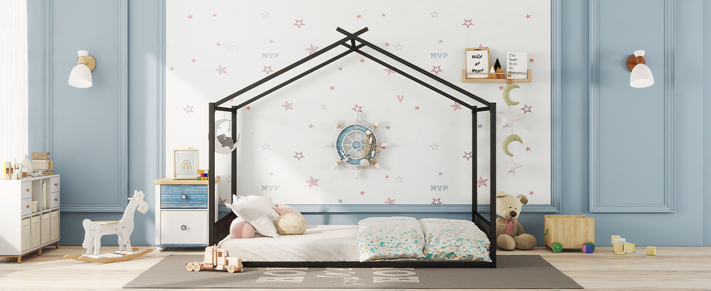 Logidon 140x200cm plat bed huisbed met ijzeren frame zwart