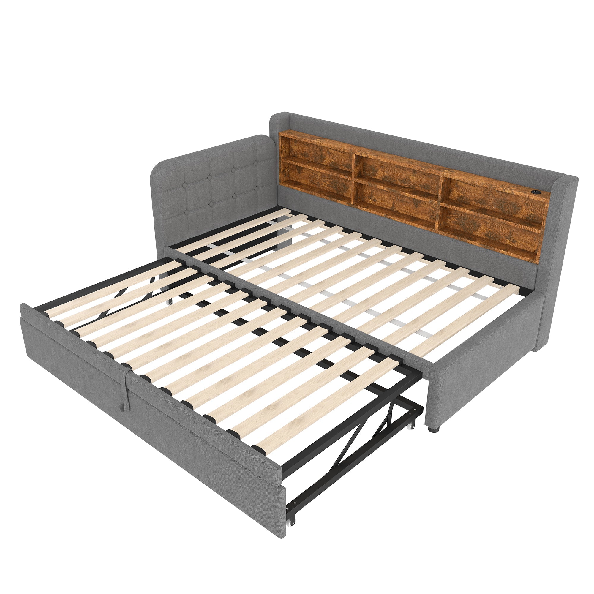 Logidon Daybed 90x200cm grijs linnen uitschuifbare slaapbank USB Type C