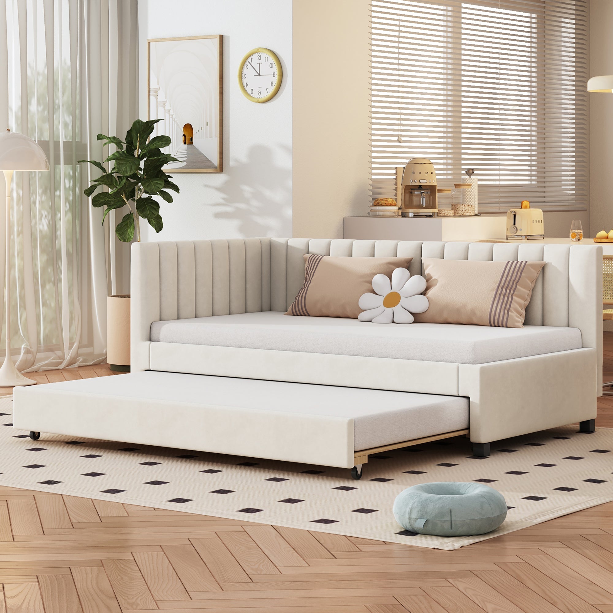 Logidon gestoffeerd bed 90x200 beige fluwelen stof uitschuifbare slaapbank