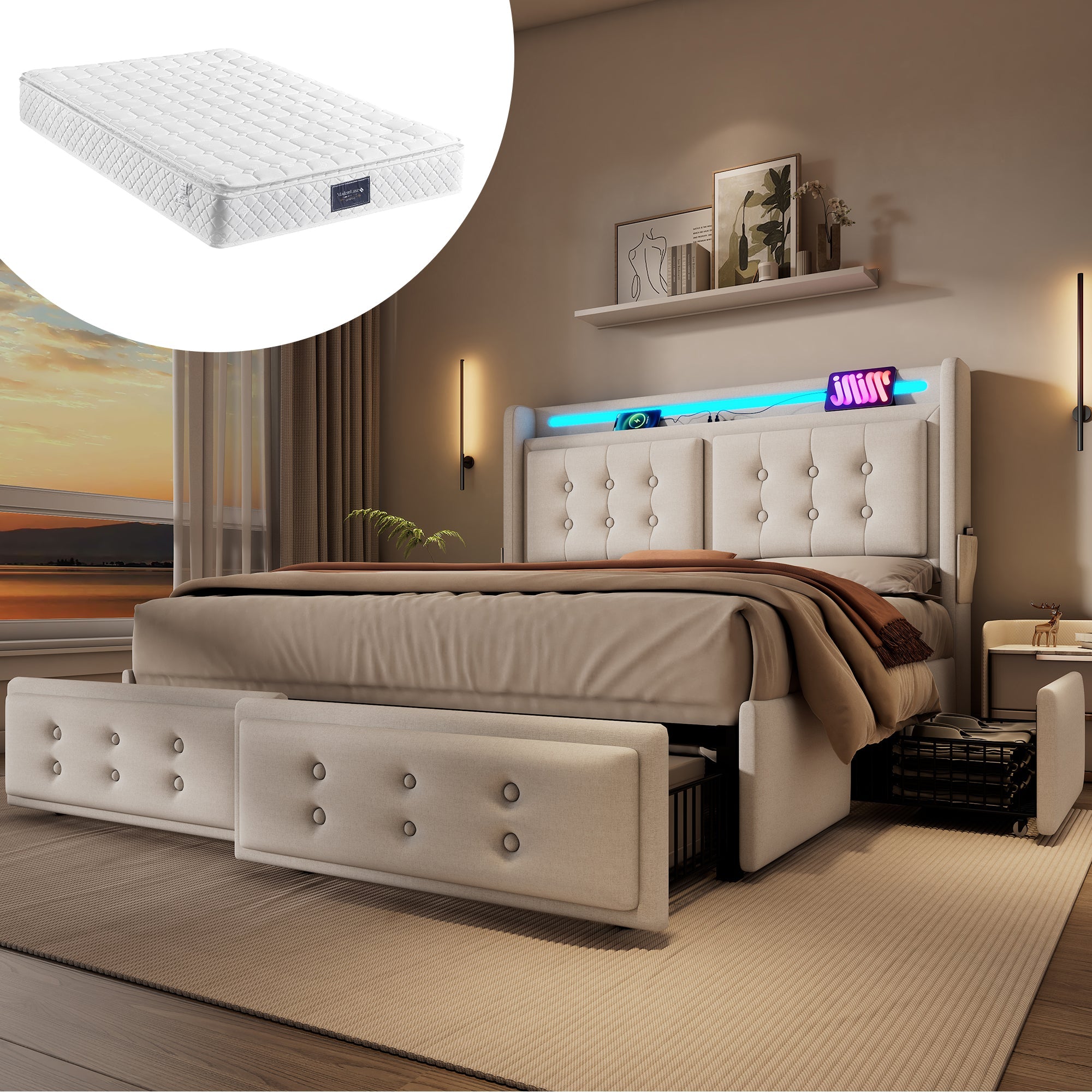 Logidon gestoffeerd bed 160x200 beige LED hoofdbord USB C oplaadfunctie 4 lades