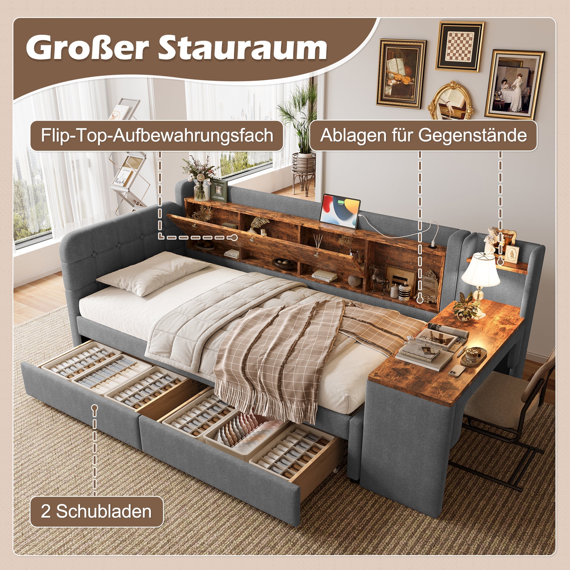Logidon Daybed 90x200 cm slaapbank met bureau grijs USB Type C