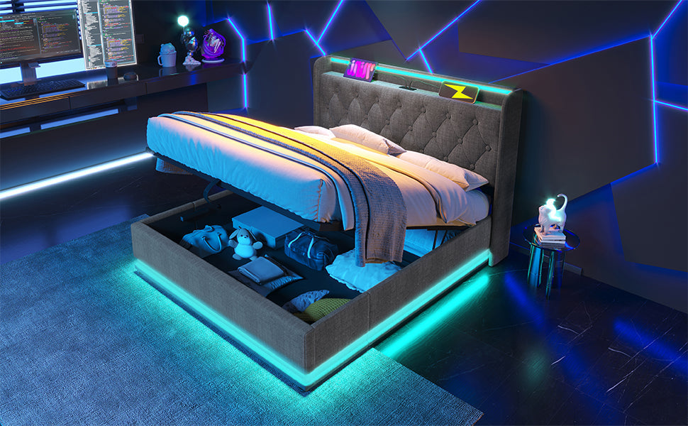 Logidon gestoffeerd bed tweepersoonsbed 180x200 cm grijs linnen LED-verlichting USB C