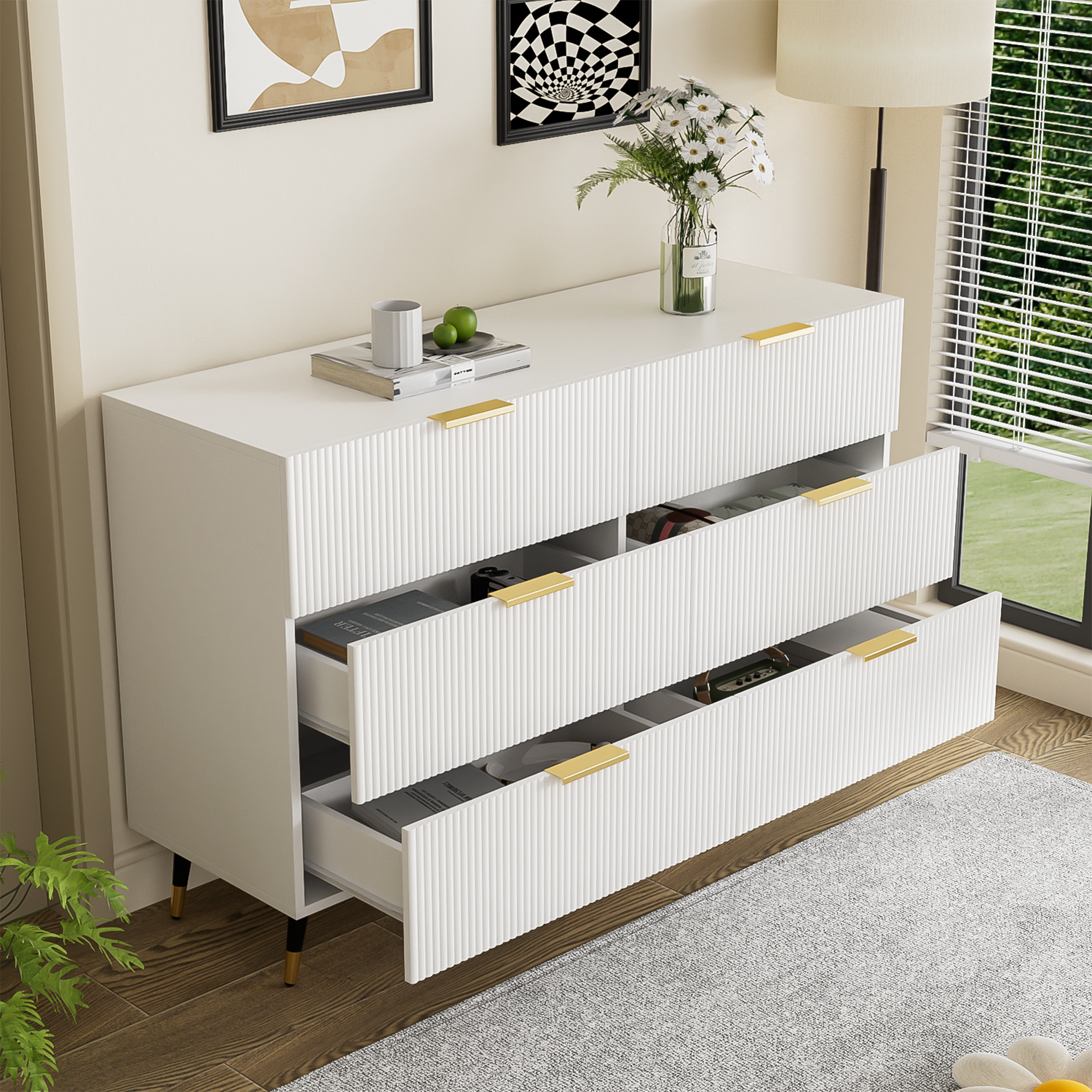 Logidon Elegant sideboard white 120x40x77 cm 6 drawers gold accents