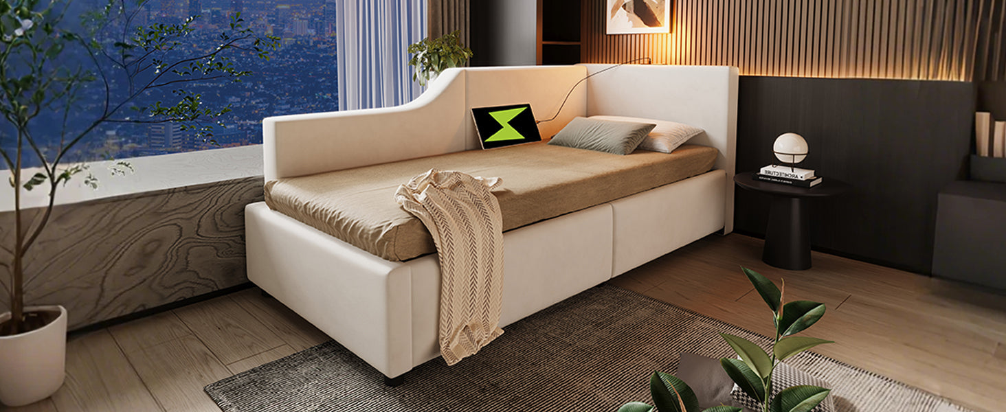 Logidon fluwelen dagbed 90x190 beige met opbergruimte, USB-C, leeslampje