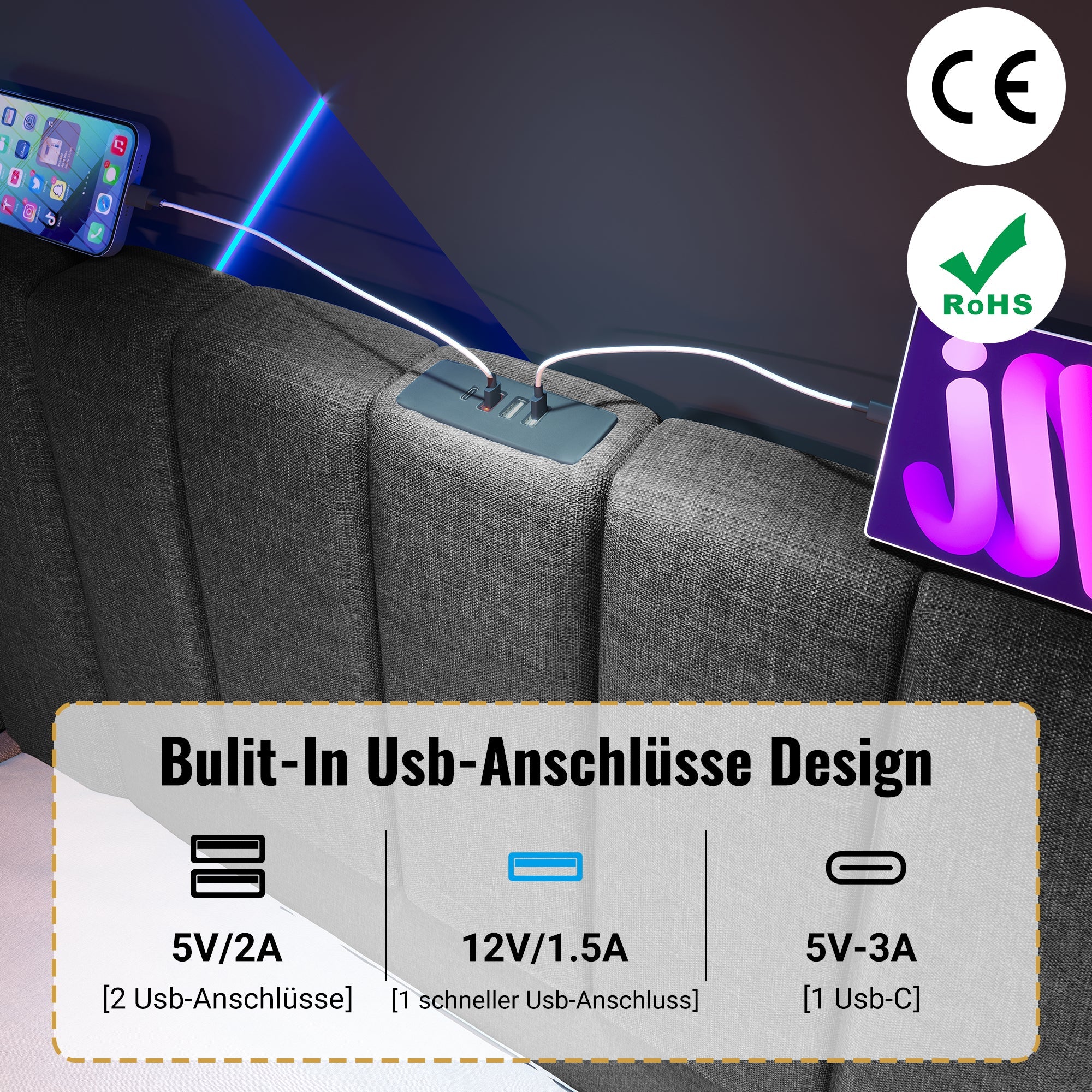 Logidon gestoffeerd bed 160x200 grijs met opbergruimte LED app bediening