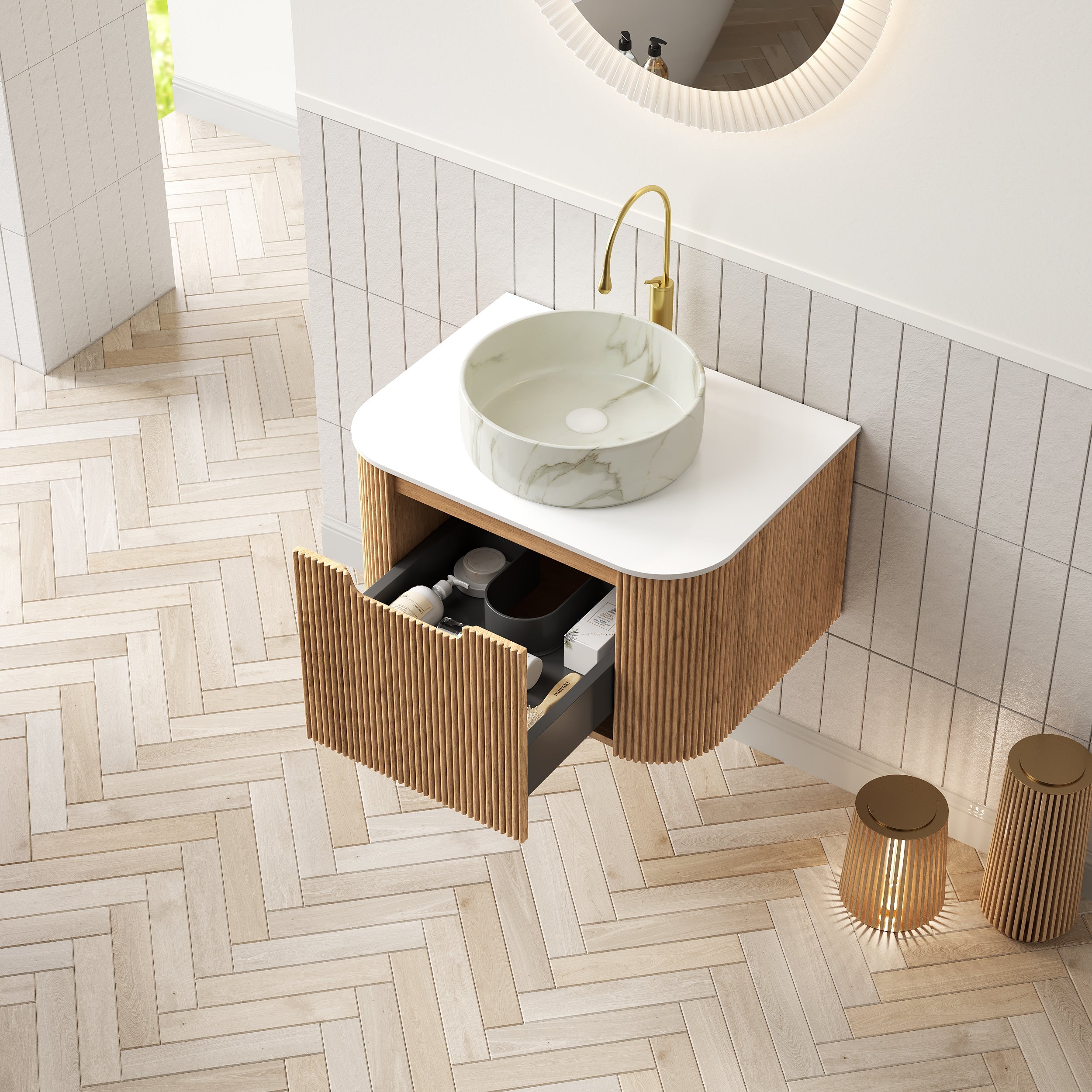 Logidon 61cm Wall Mounted Bathroom Furniture Round Ceramic Basin Stone Pattern