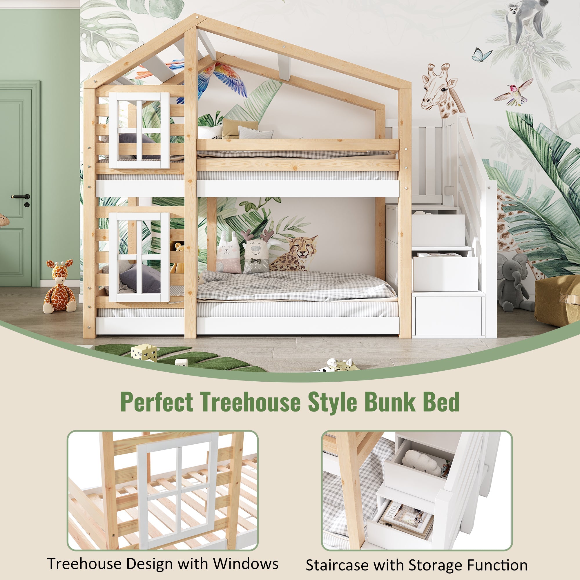 Logidon stapelbed boomhut 90x200 cm - naturel wit, 2 lattenbodems