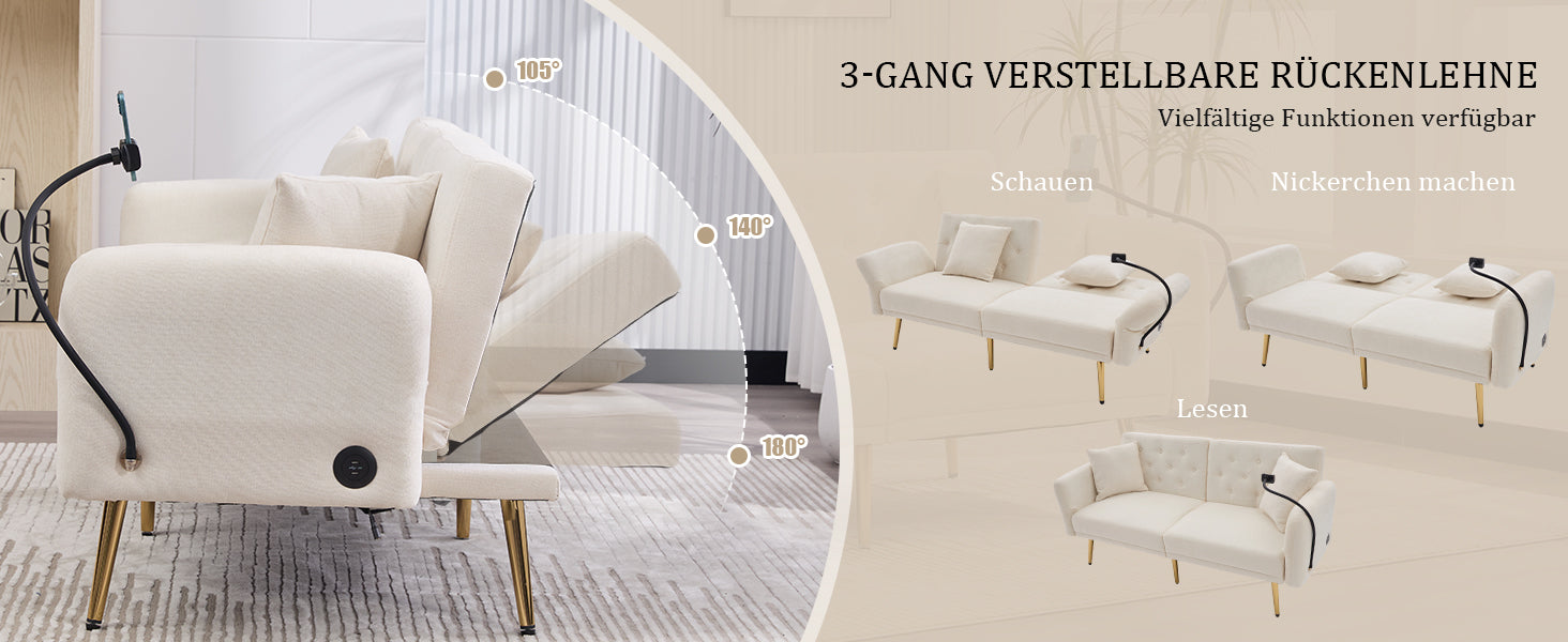 Logidon slaapbank tweezits beige fluweel met verstelbare rugleuning USB