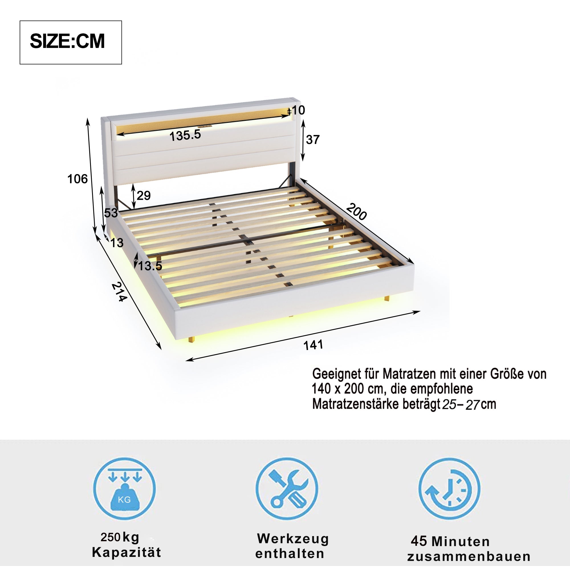 Logidon gestoffeerd bed 140x200 cm met USB oplaadpunt en LED lichtbeige