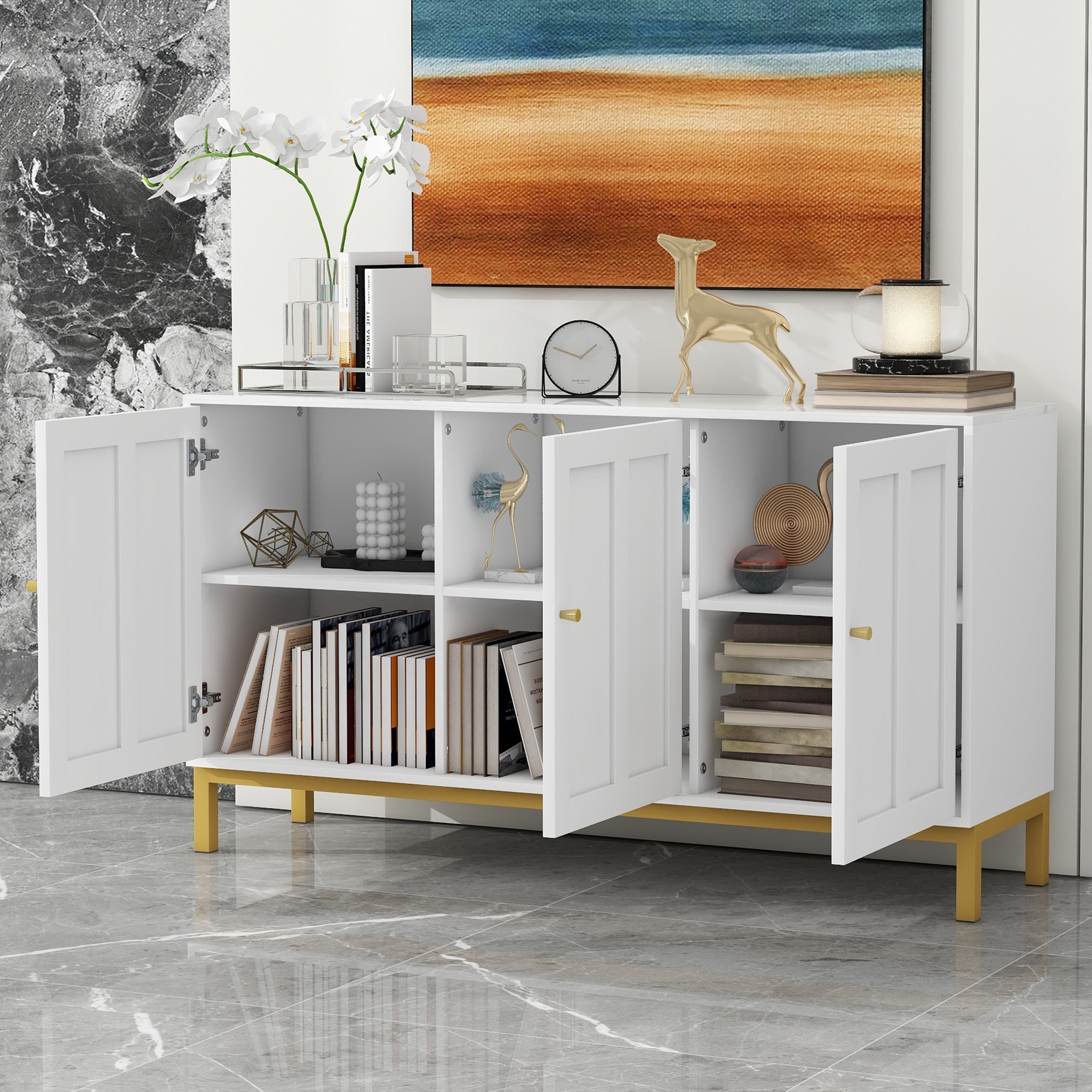 Logidon sideboard 3 doors with marble table top white 140 cm