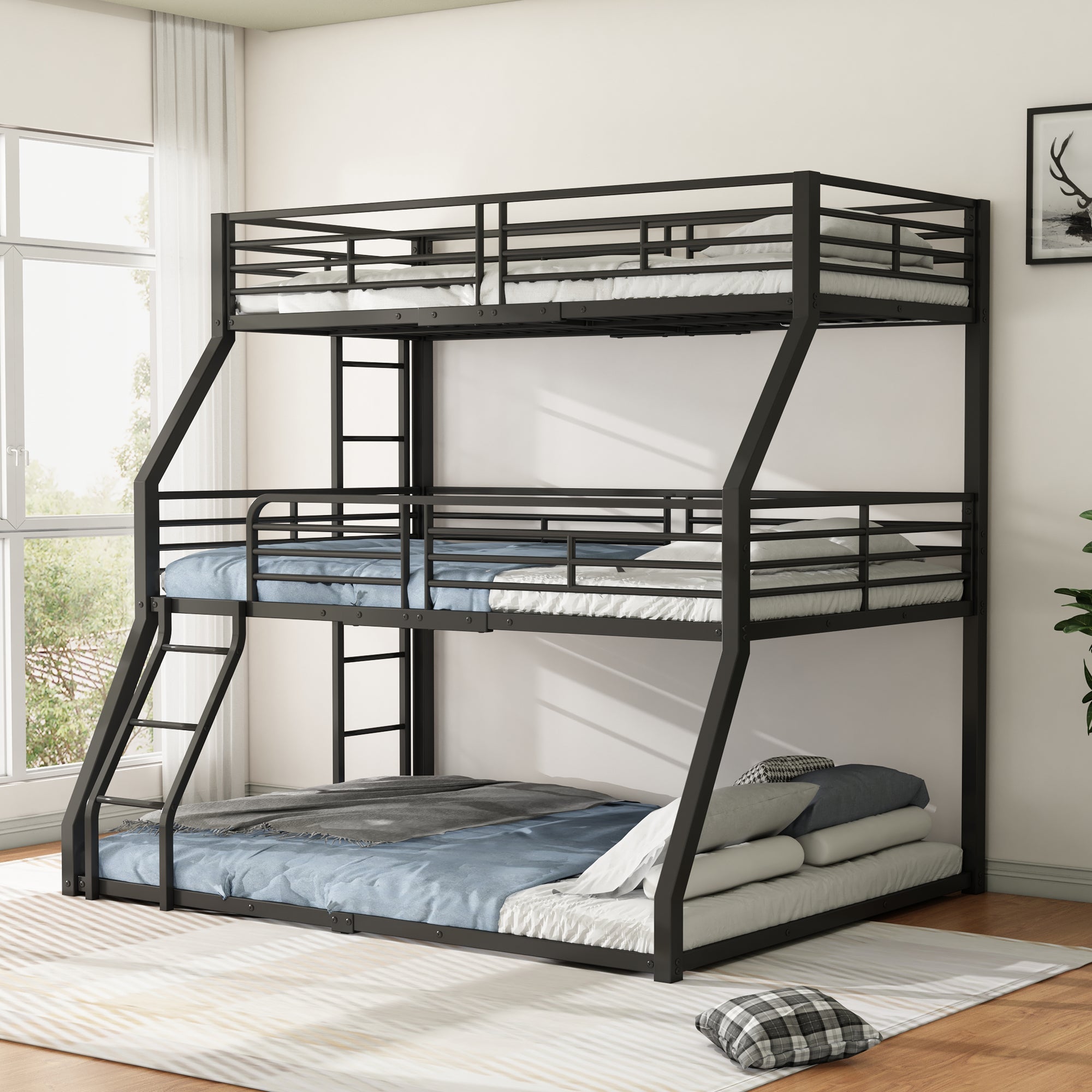 Logidon 3-persoonsstapelbed 90x200 cm metalen bedframe zwart