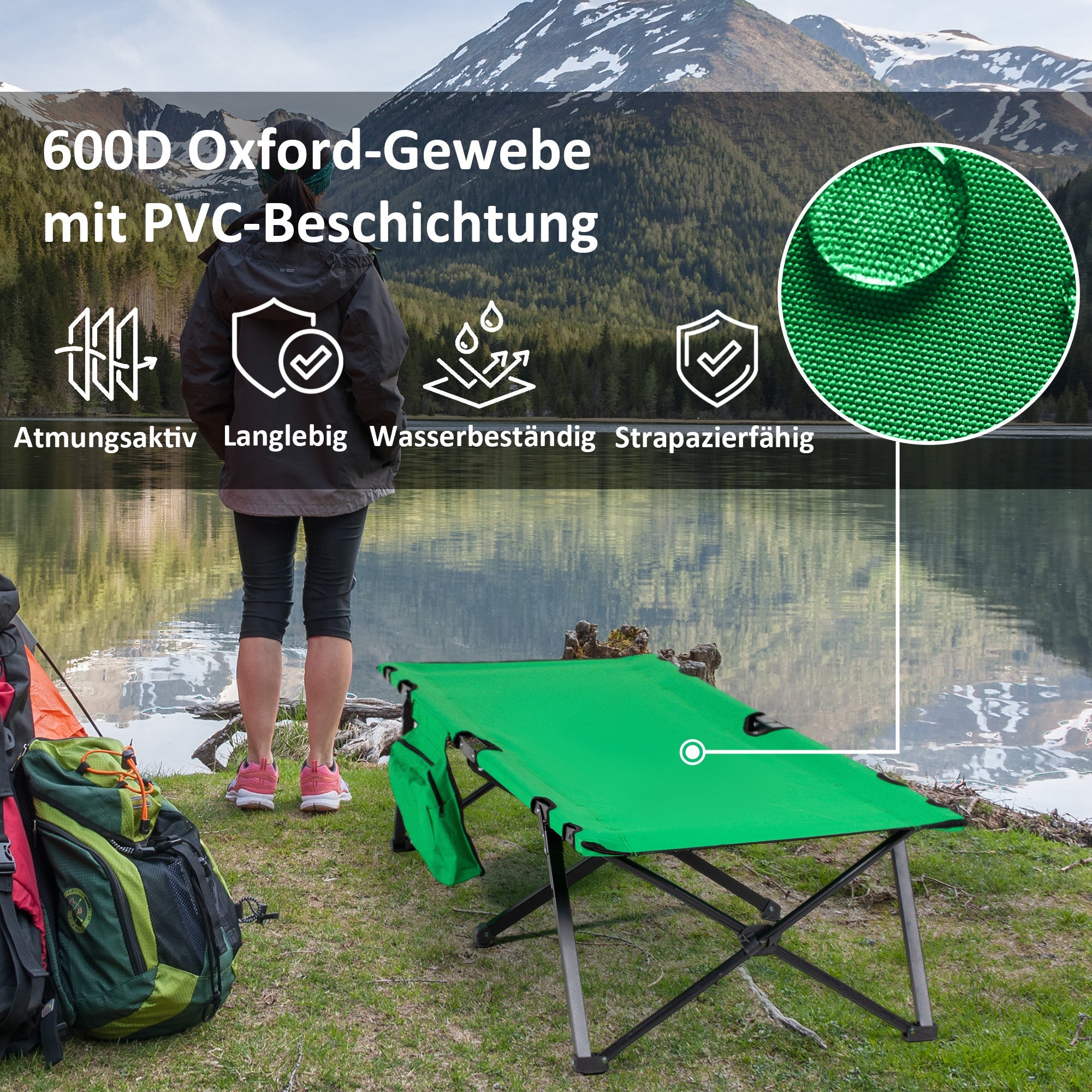 Logidon Opklapbaar Campingbed Met Zijvak Groen Zwart 200x73 cm