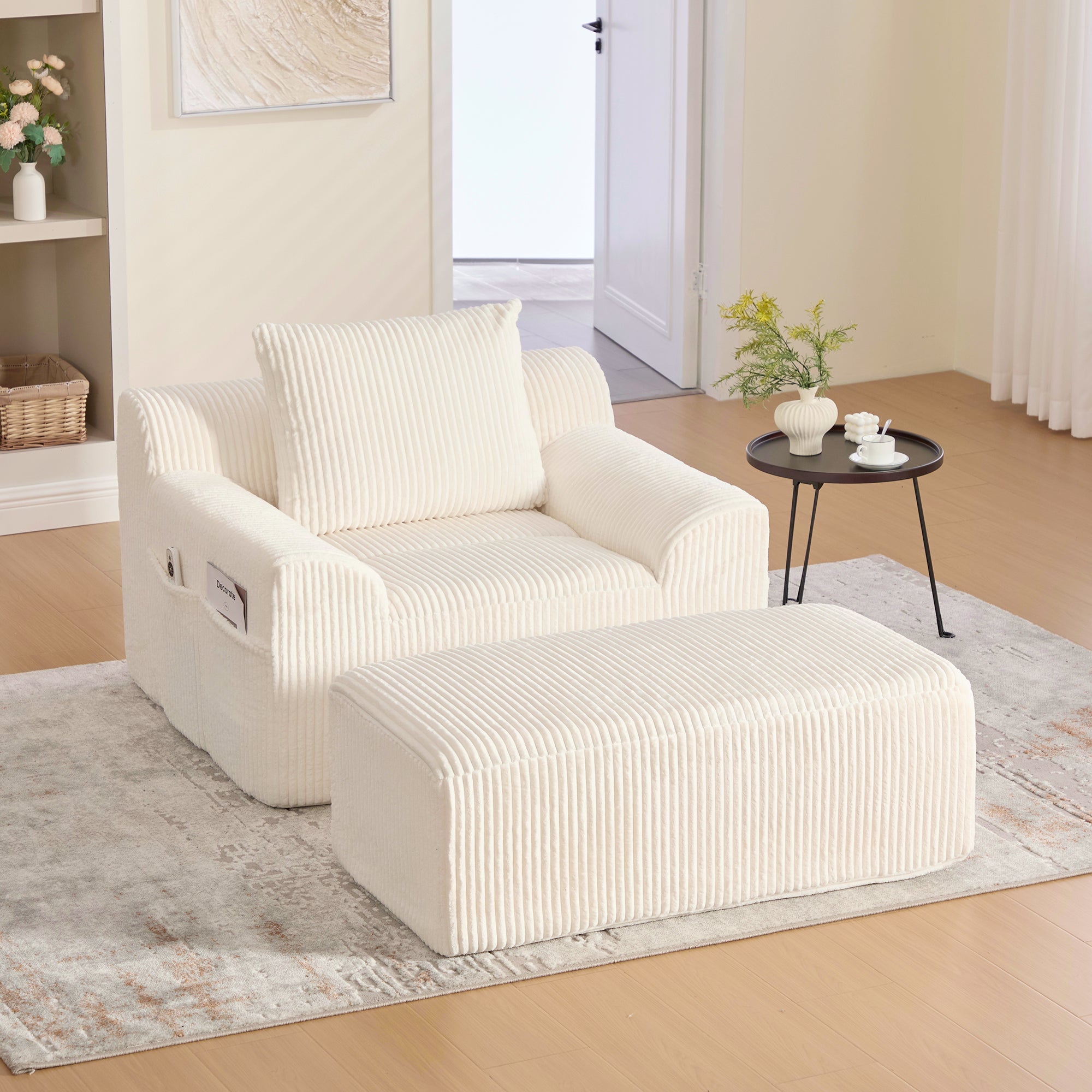 Logidon Oversized Corduroy Velvet Armchair Beige with Footstool and Cushion