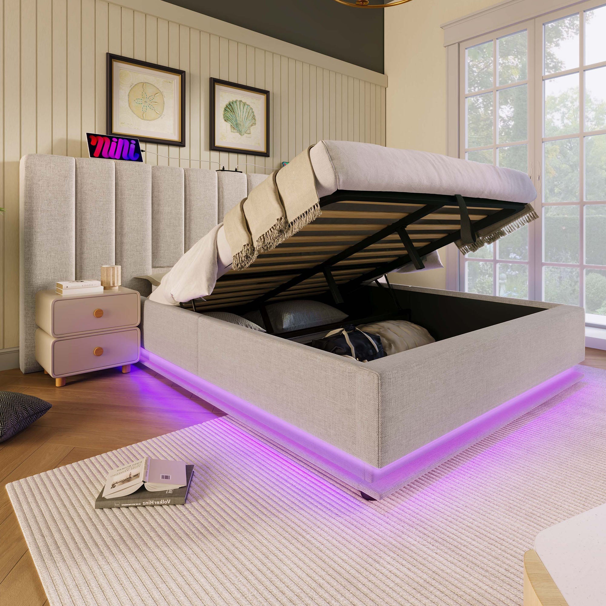 Logidon gestoffeerd bed 180x200 opbergruimte met LED USB oplaadfunctie beige
