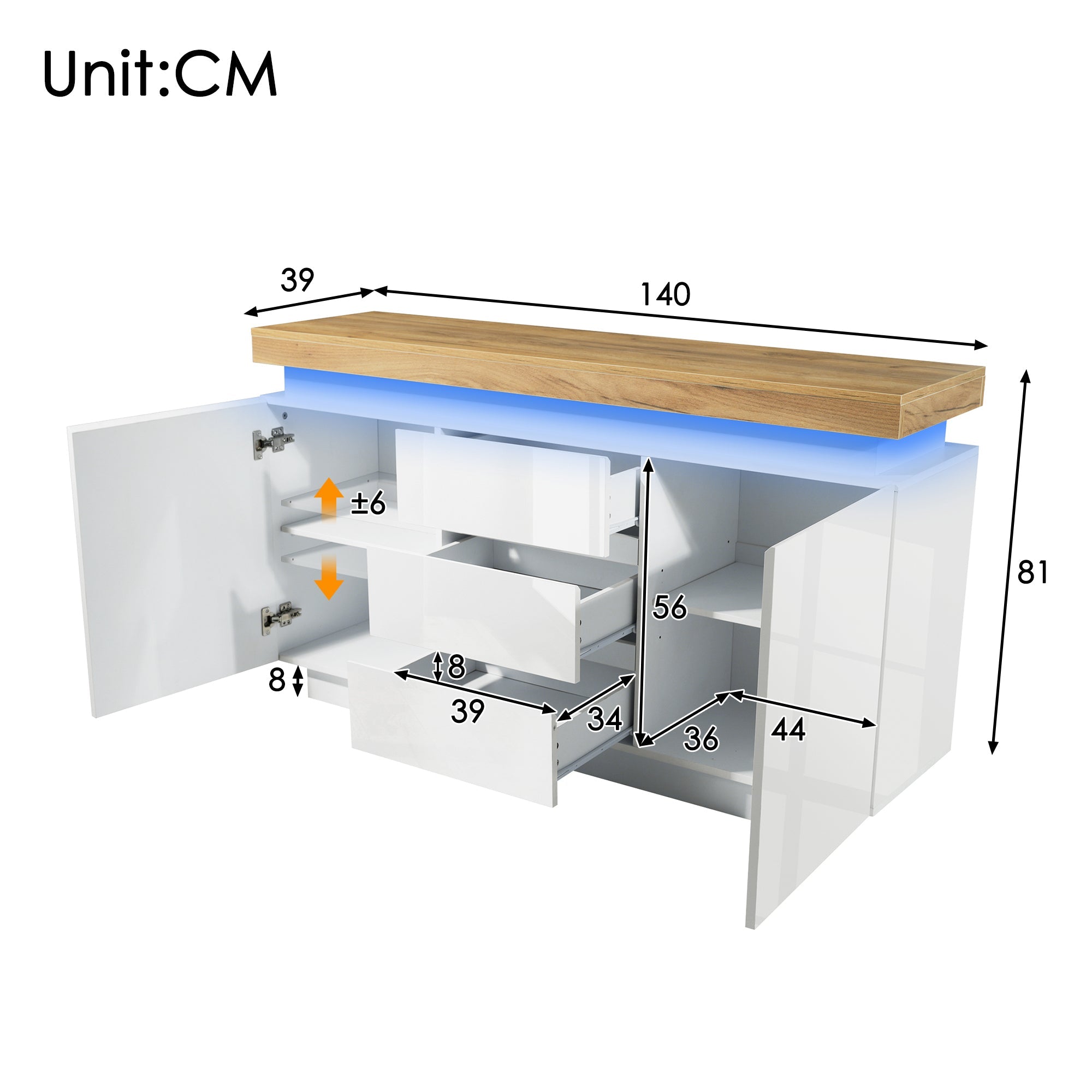 Logidon Wit Dressoir Met LED Verlichting 2 Deurs 3 Lades