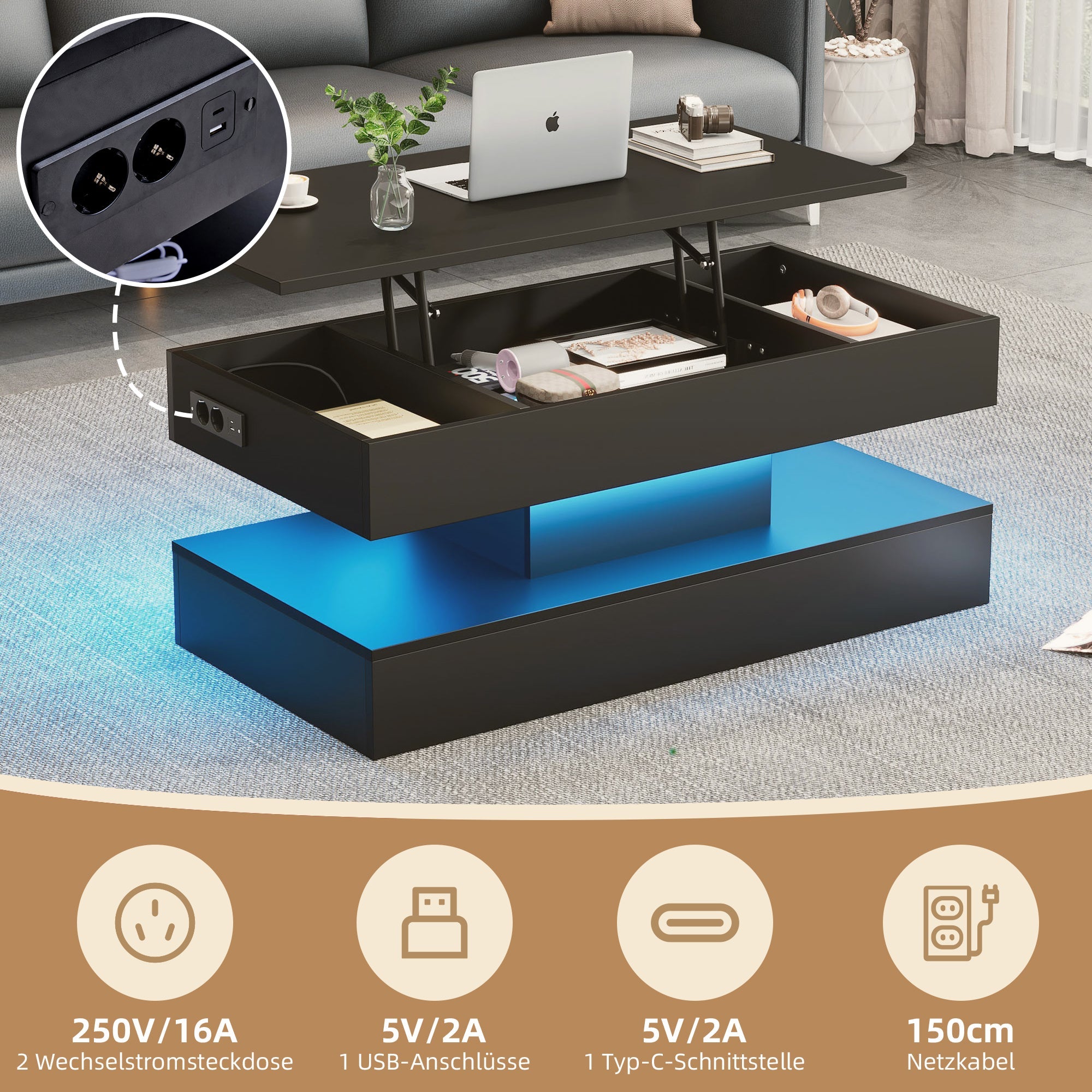 Logidon LED Salontafel met verborgen opbergruimte 100x50 cm Zwart