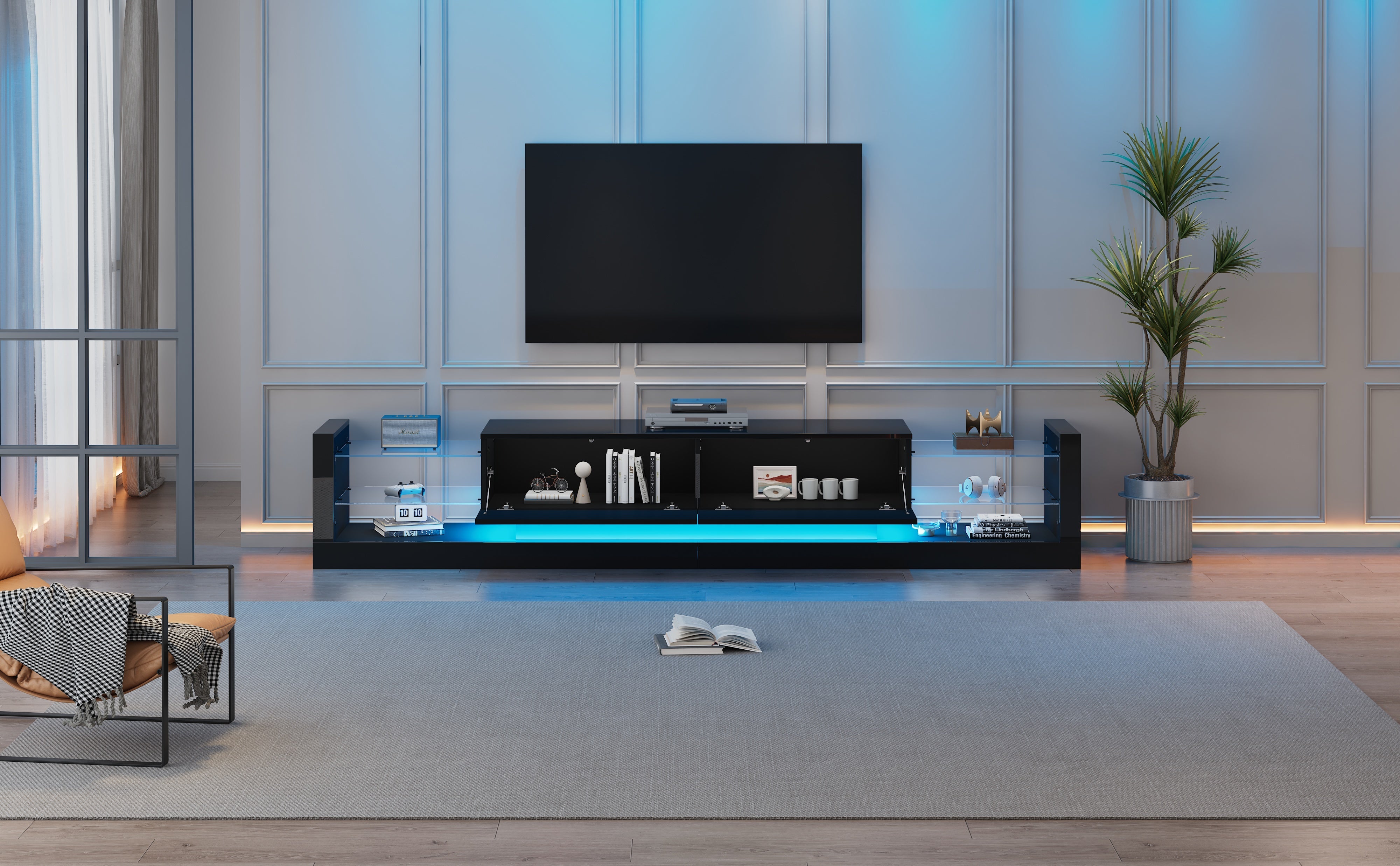 Logidon high-gloss TV cabinet 181 cm LED lighting black glass front