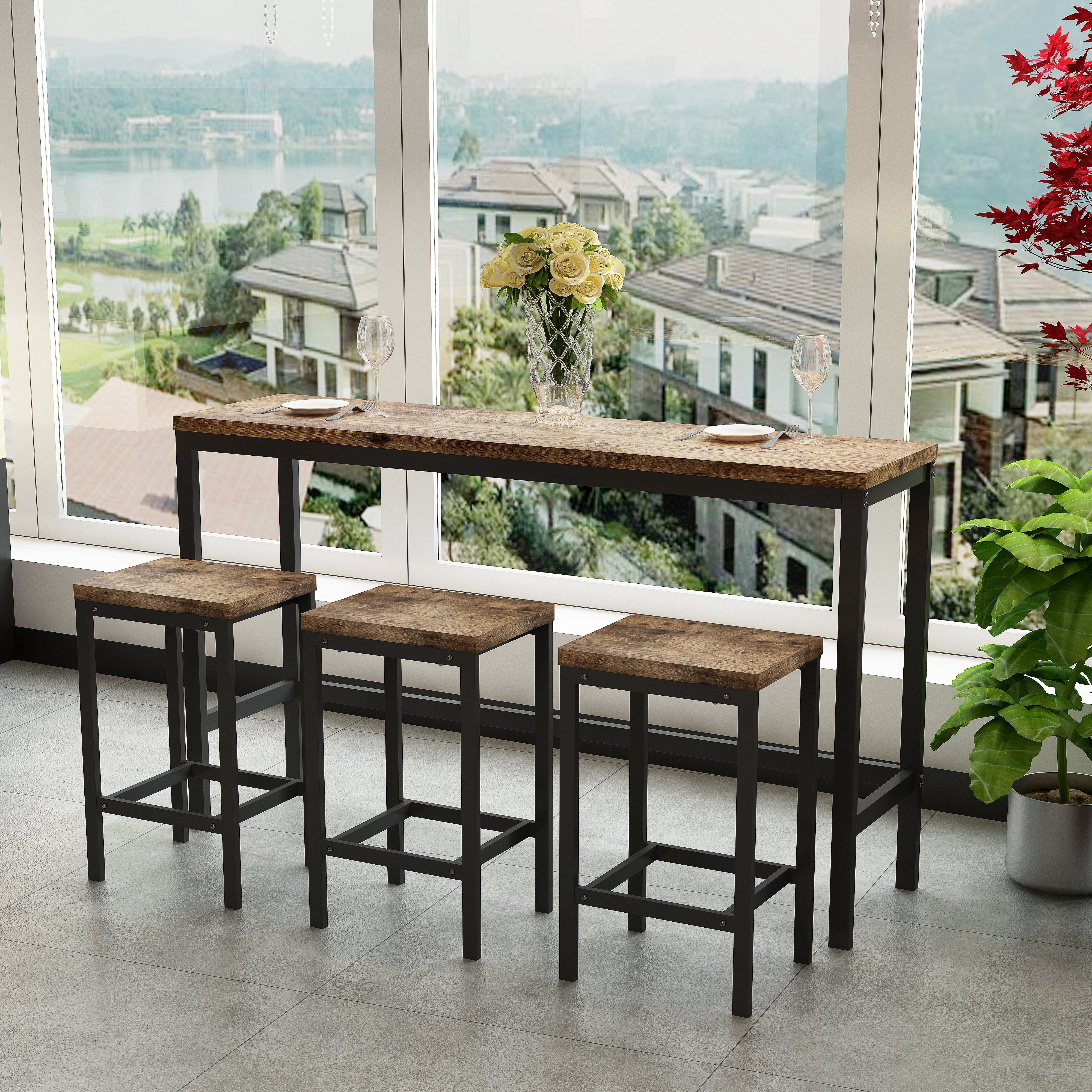 Logidon Modern Kitchen Dining Table Set with 3 Stools Natural L 153 cm