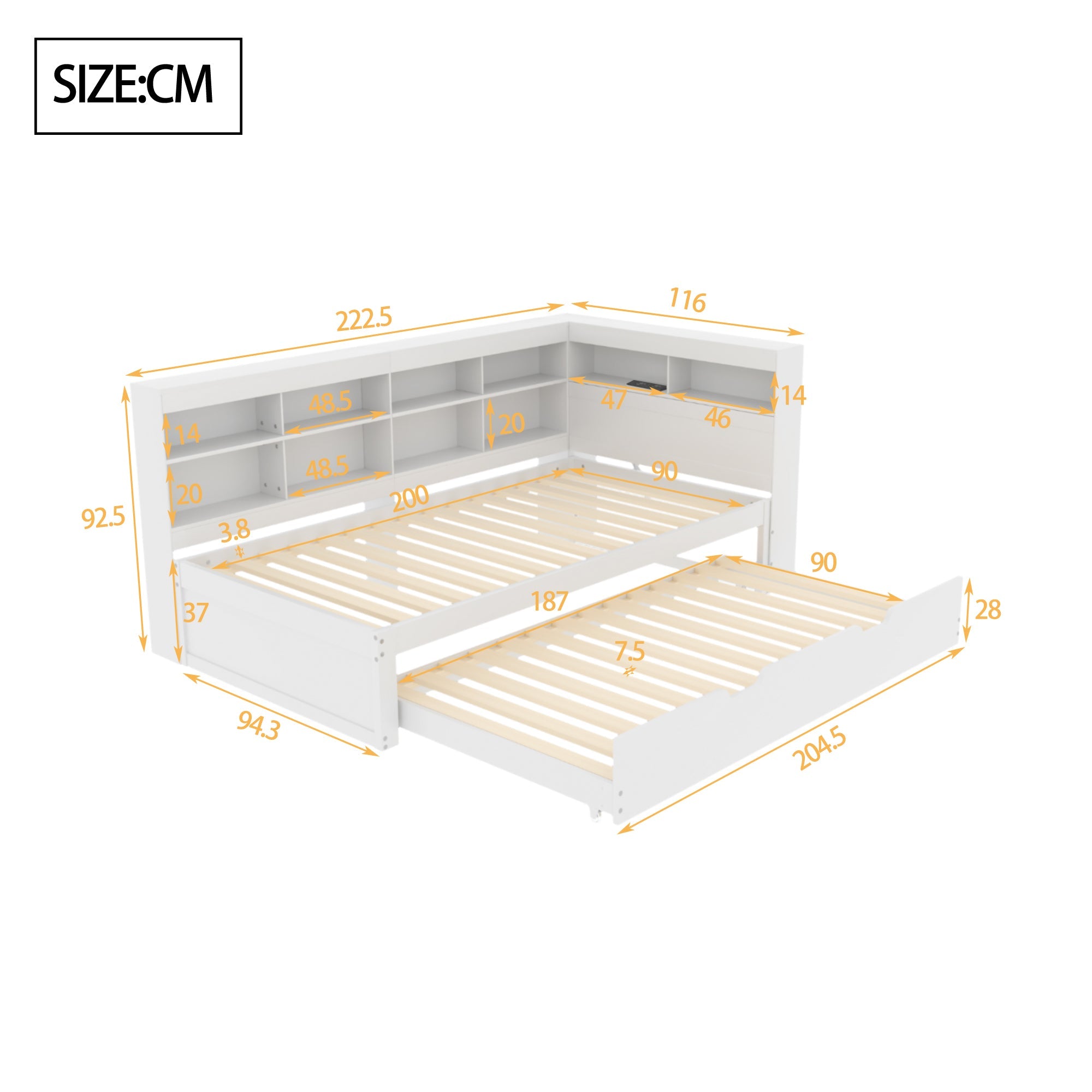 Logidon slaapbank 90x200 uitschuifbaar bed 90x190 USB wit