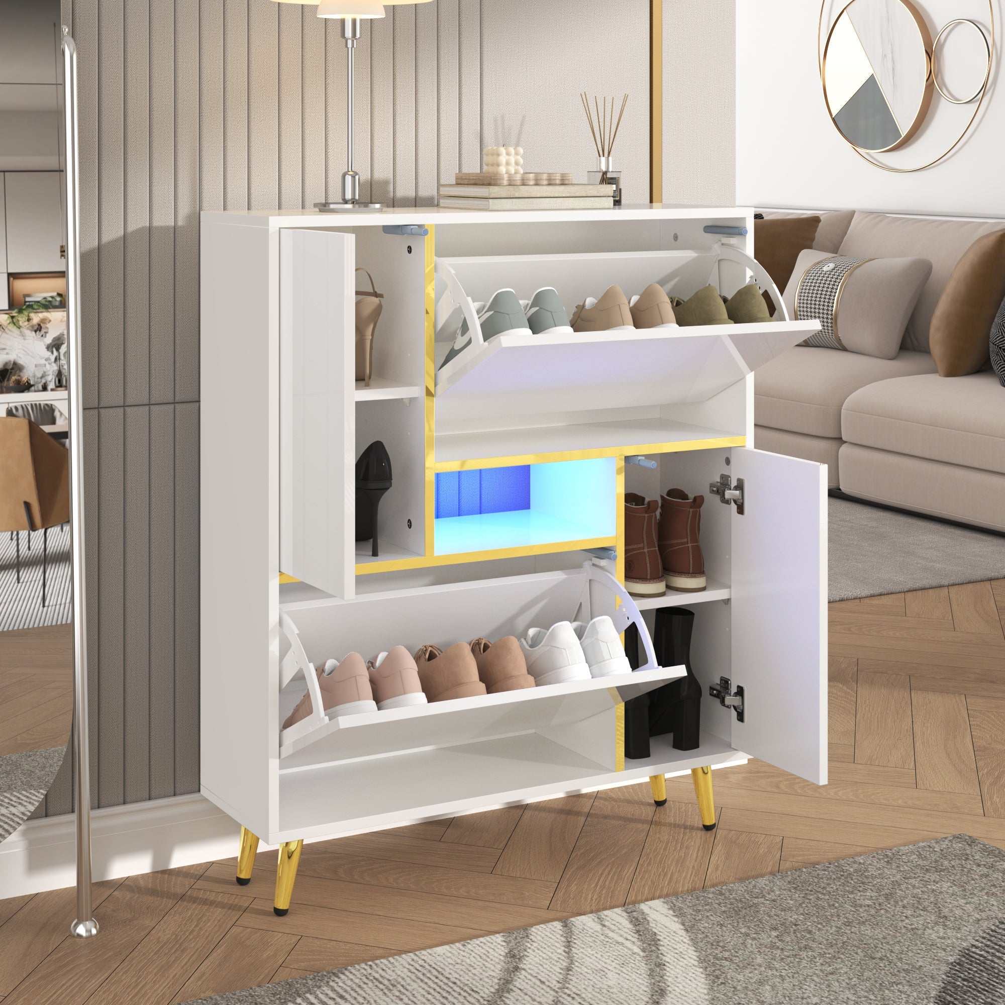 Logidon Moderne Schoenenkast Wit met Hoogglans Front en LED Licht 80x25x96 Cm