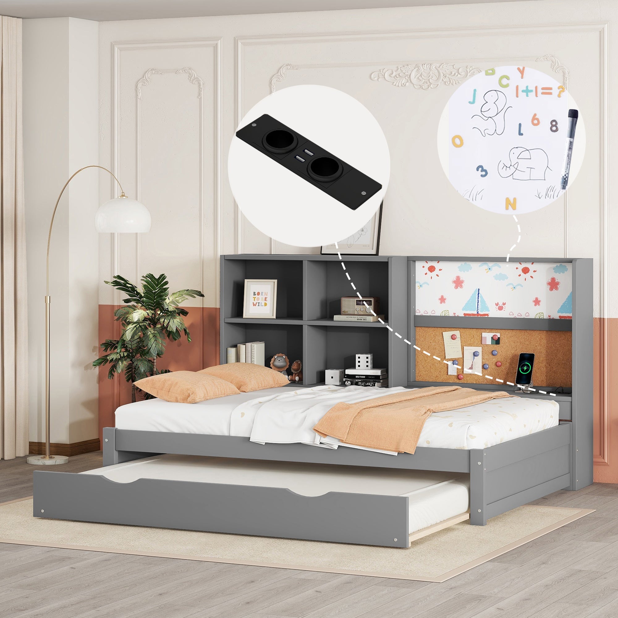 Logidon slaapbank 90x200 cm grijs met uitschuifbaar bed en USB-tekentafel