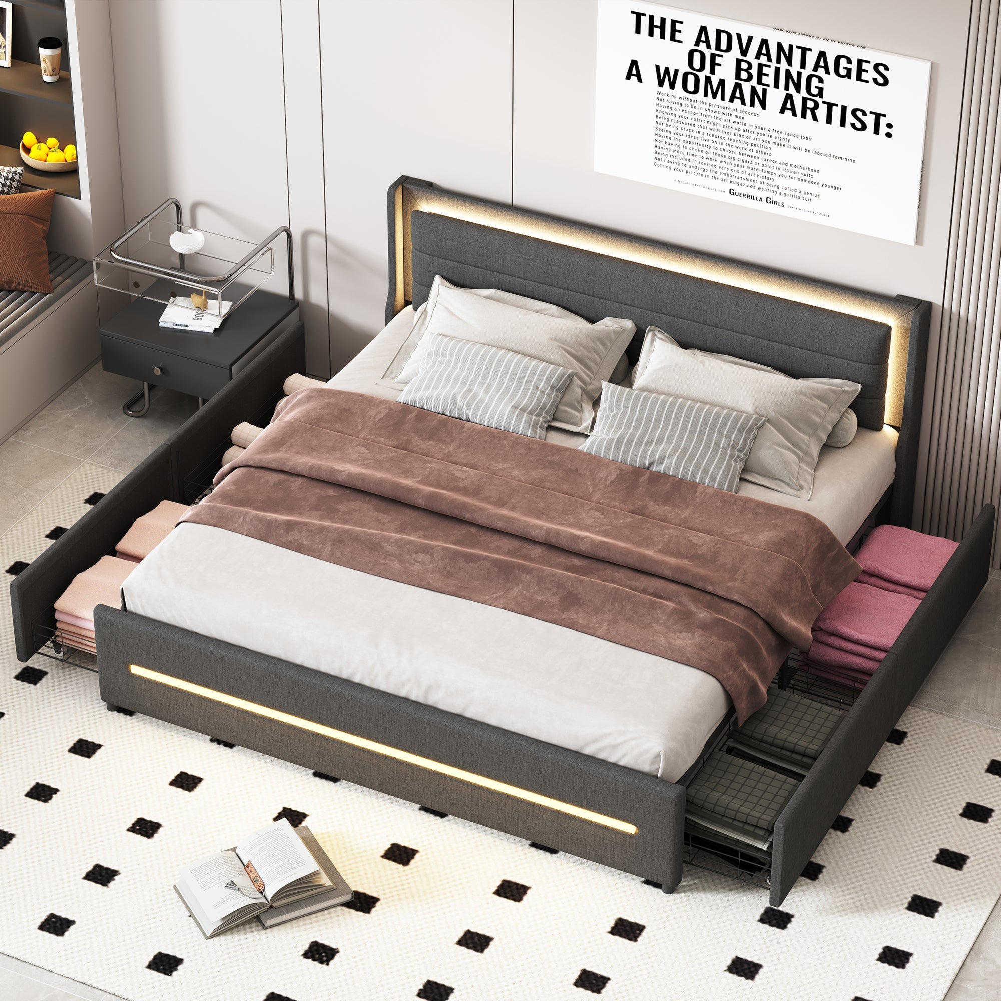 Logidon gestoffeerd bed 180x200 met LED verlichting en 4 opbergvakken grijs
