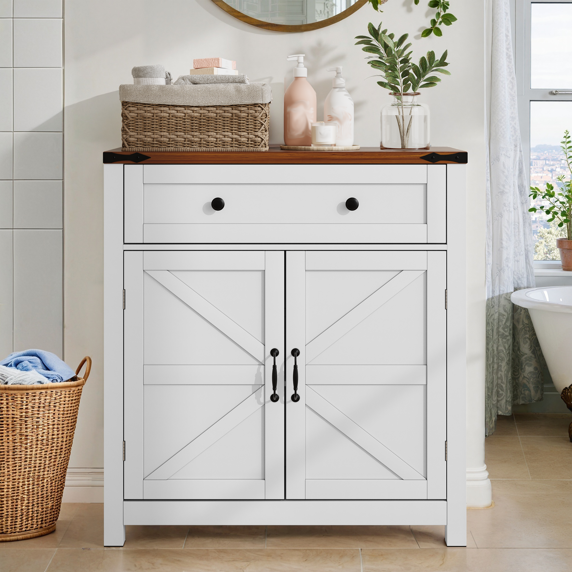 Logidon Farmhouse Buffet Box 76 cm White With Drawers Walnut Top