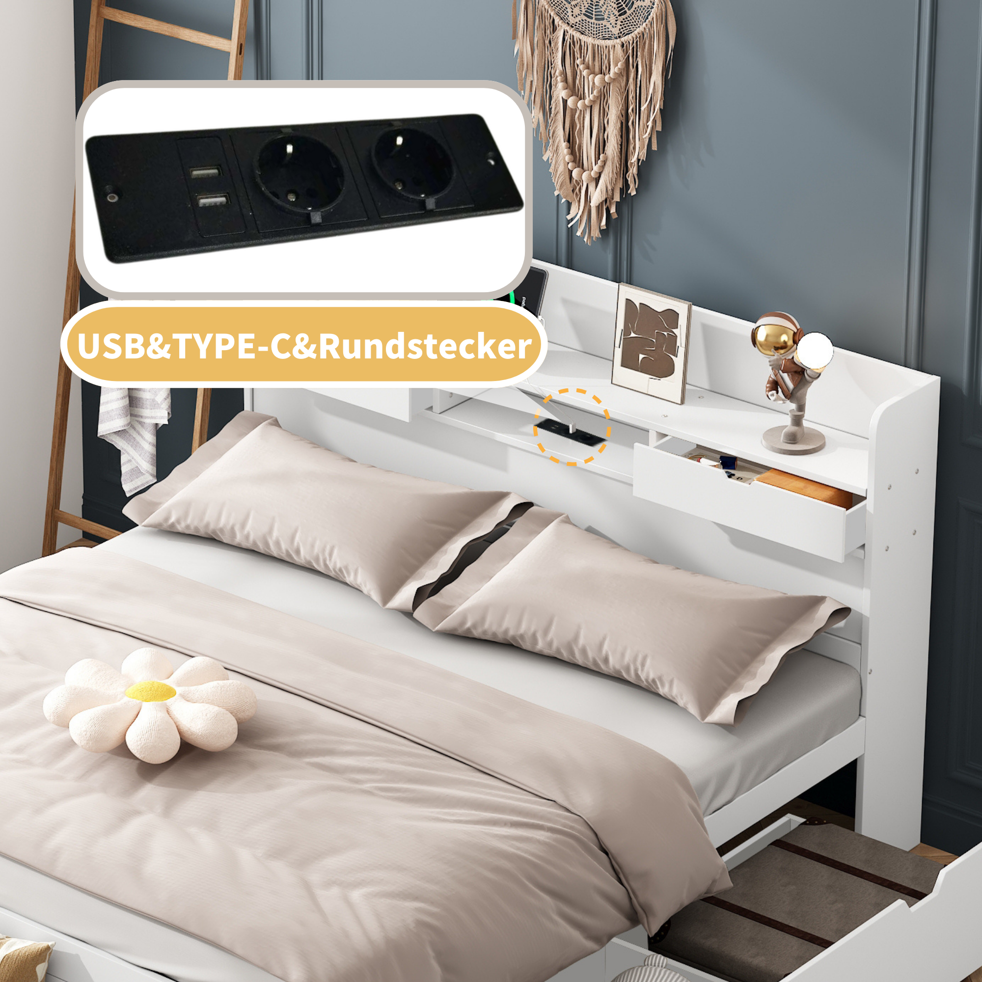 Logidon bed 135x190 cm met USB oplaadpunt en opbergruimte wit