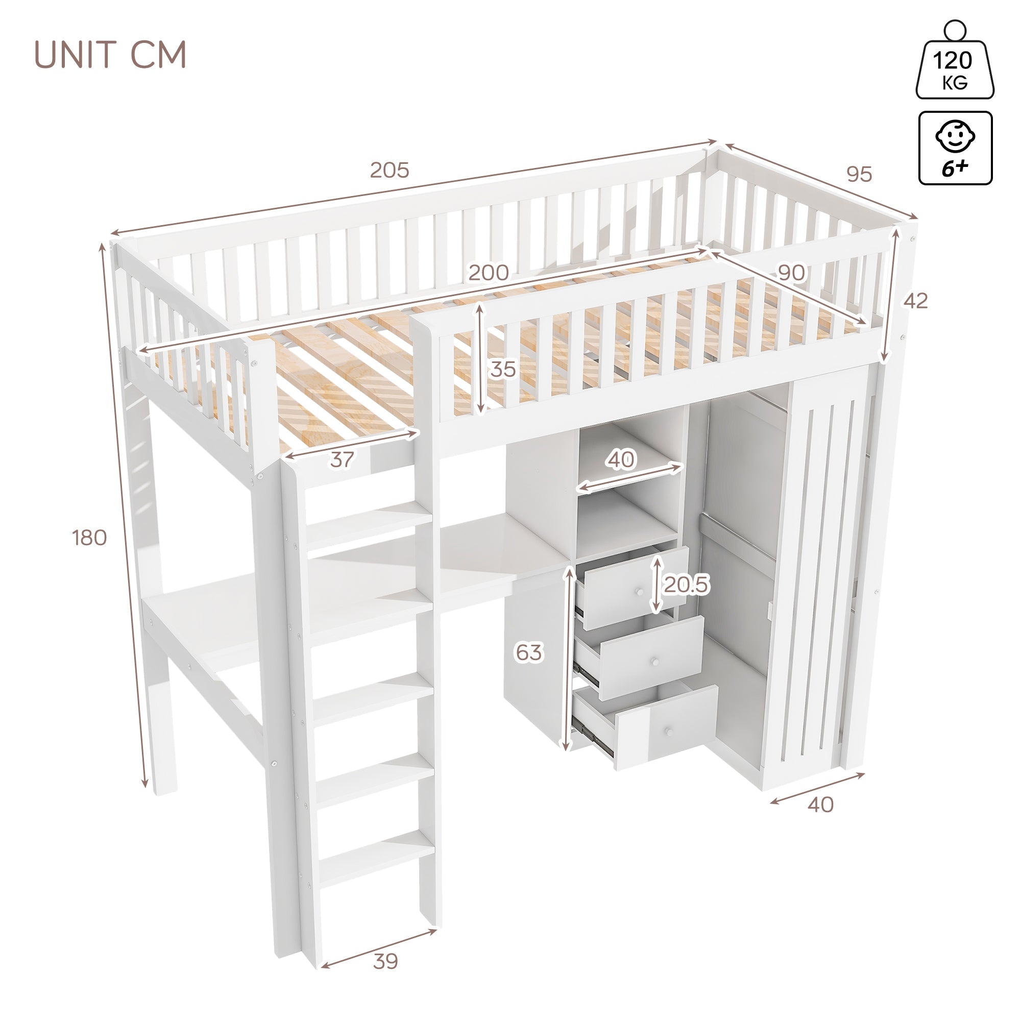 Logidon hoogslaper 90x200 wit met bureau en kledingkast