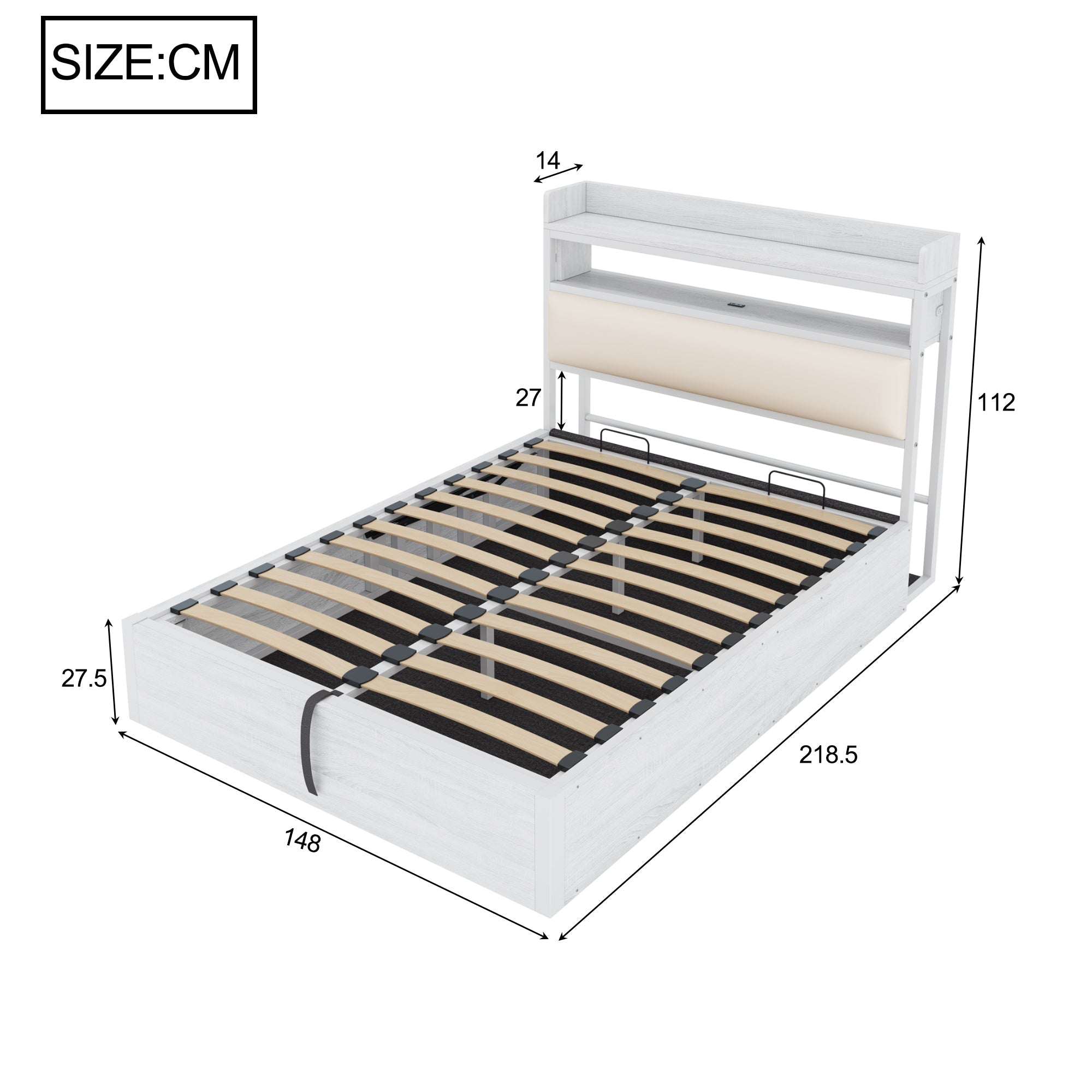 Logidon bedframe 140x200 cm met hydraulische opbergruimte USB hoofdbord wit