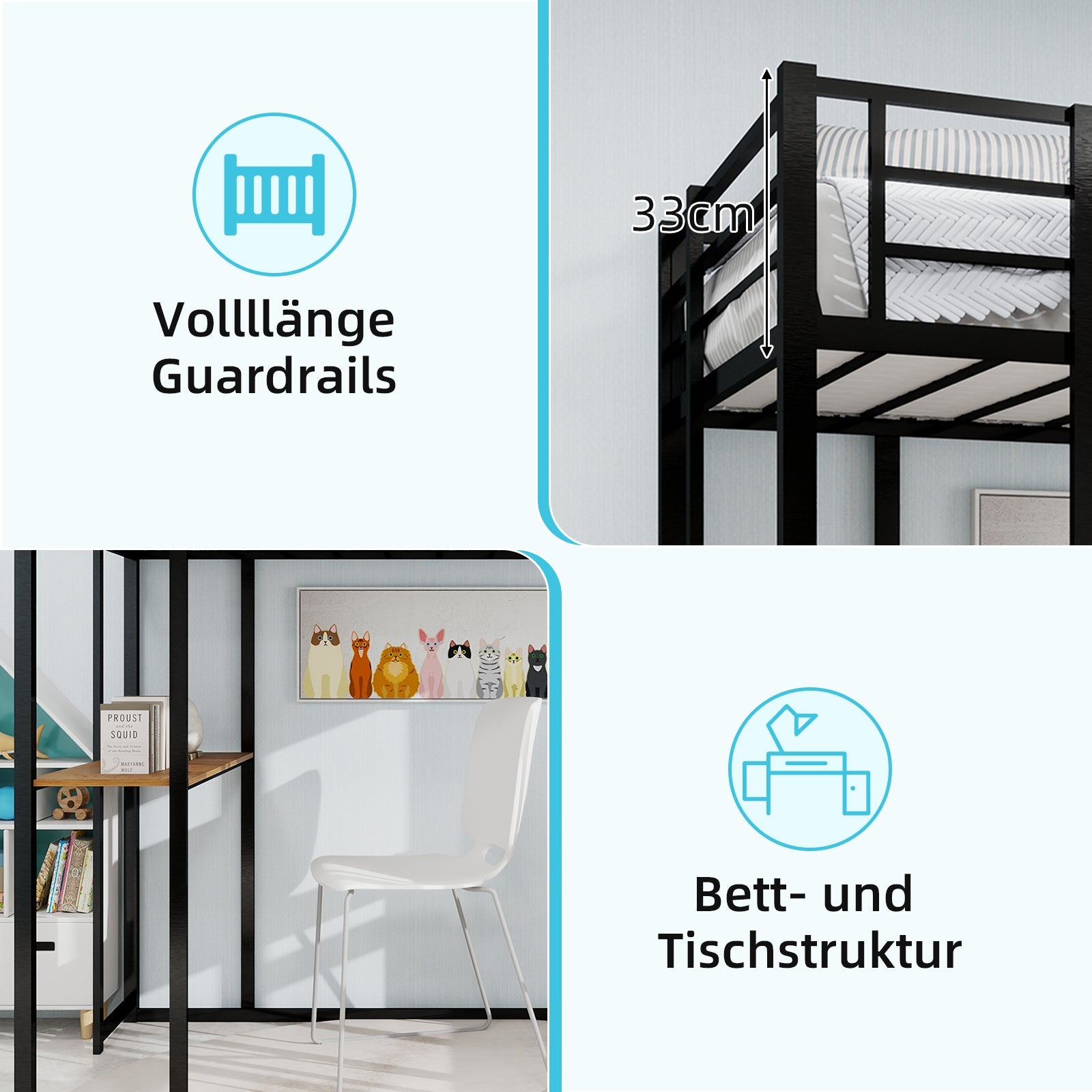 Logidon ijzeren framebed met L-bureau en trap zwart