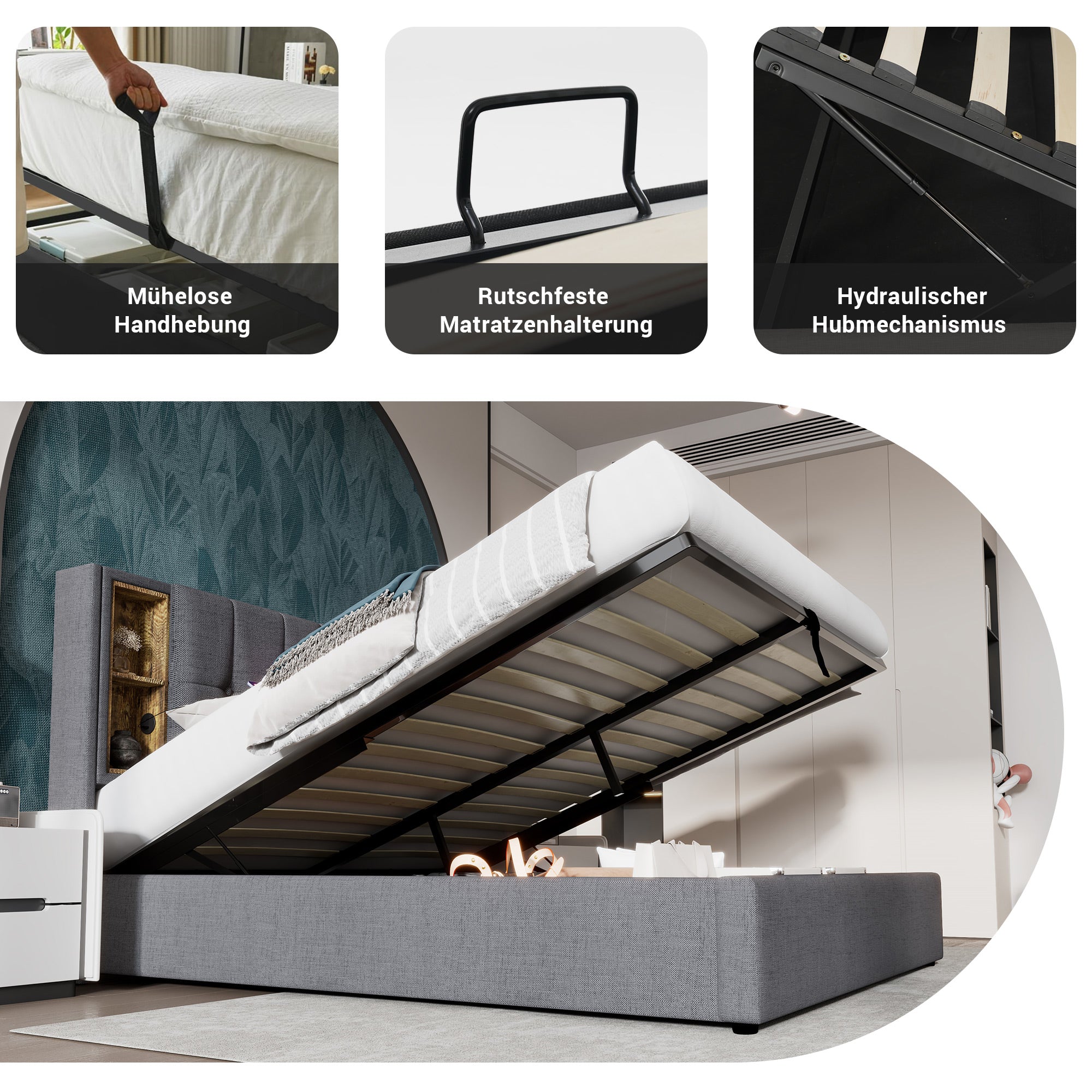 Logidon tweepersoonsbed 160x200 cm met draadloos opladen USB C gestoffeerd bed
