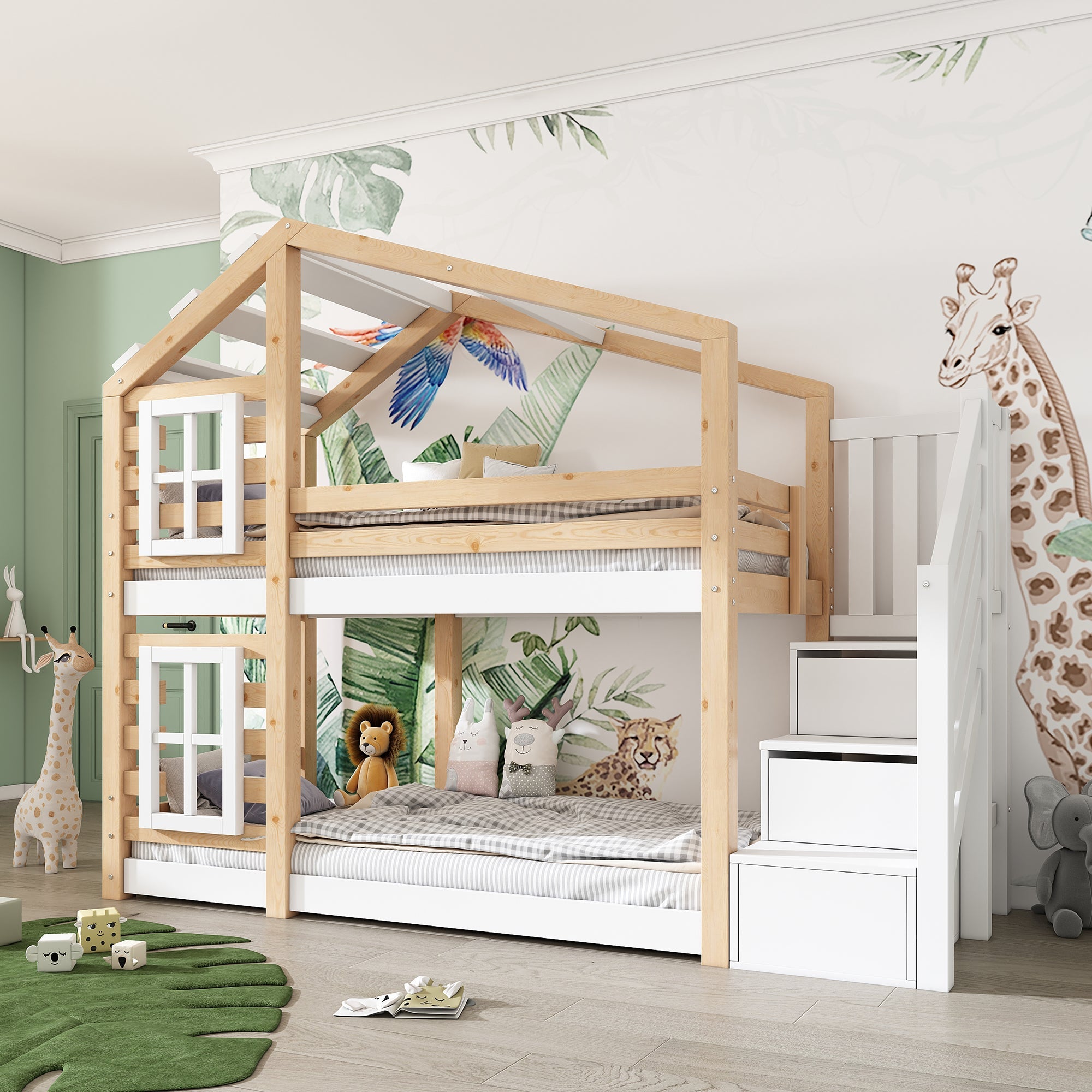 Logidon stapelbed boomhut 90x200 cm - naturel wit, 2 lattenbodems