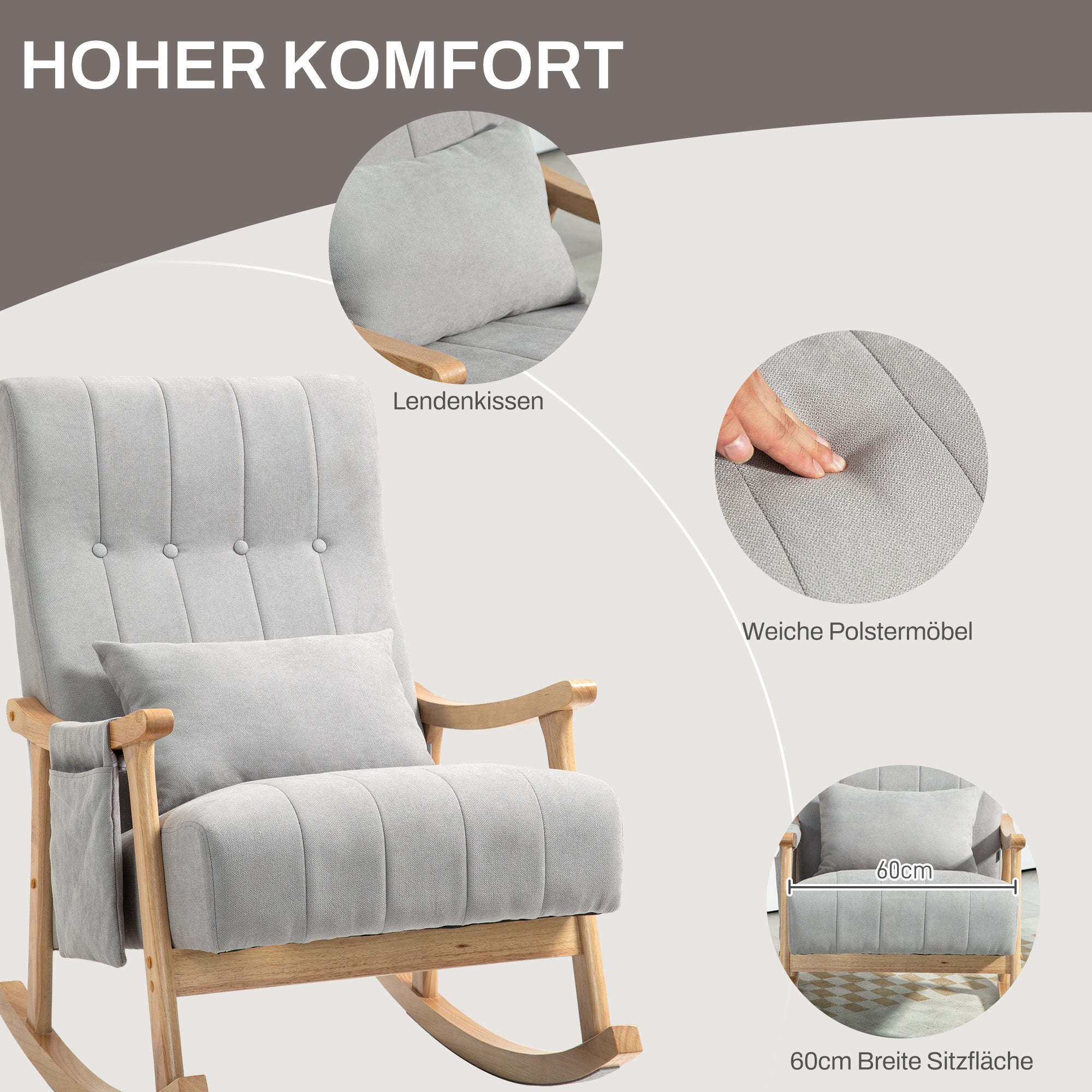 Logidon schommelstoel grijs gestoffeerd met lendenkussen houten frame