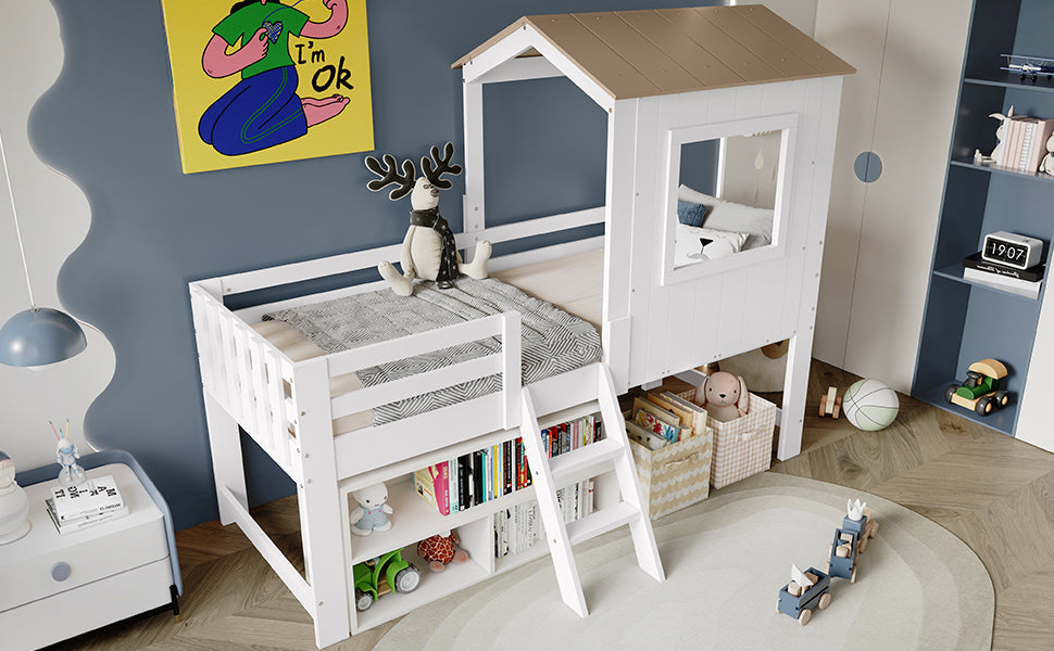 Logidon kinderbed halfhoogslaper met dakraam 90x200 wit naturel