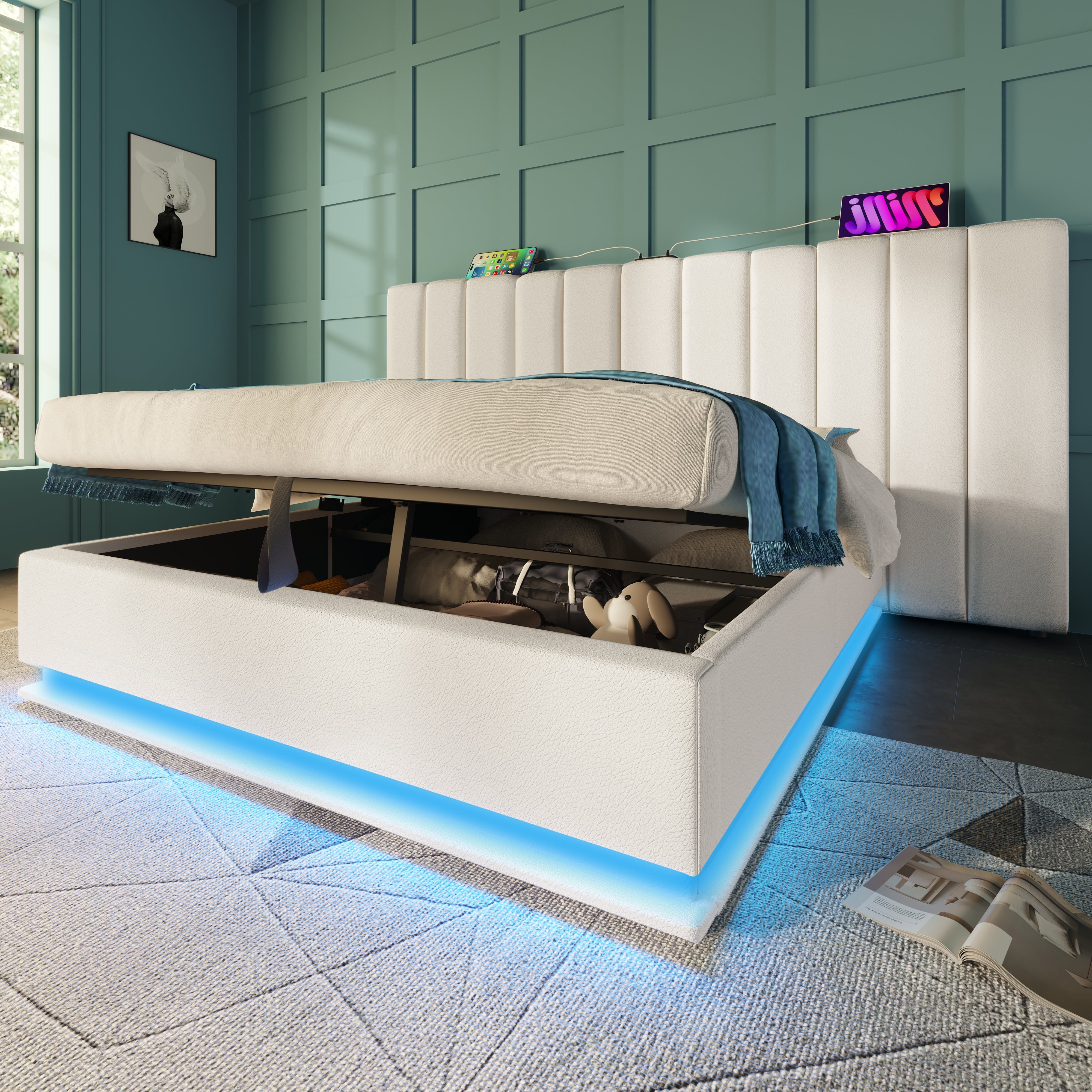Logidon gestoffeerd bed 160x200 wit app bediening LED USB oplaadfunctie
