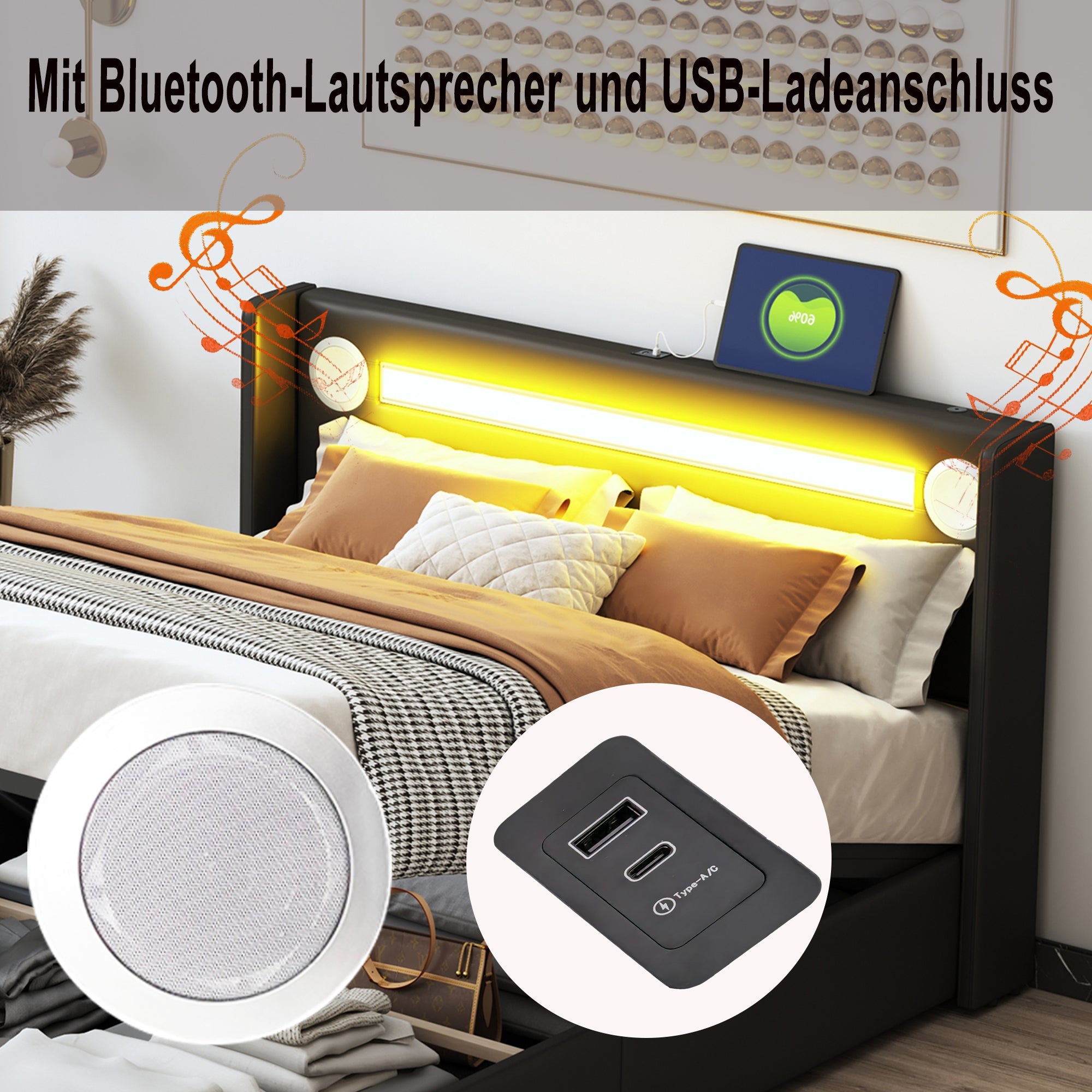 Logidon gestoffeerd bed 140x200 zwart met LED lichtstrip Bluetooth en USB