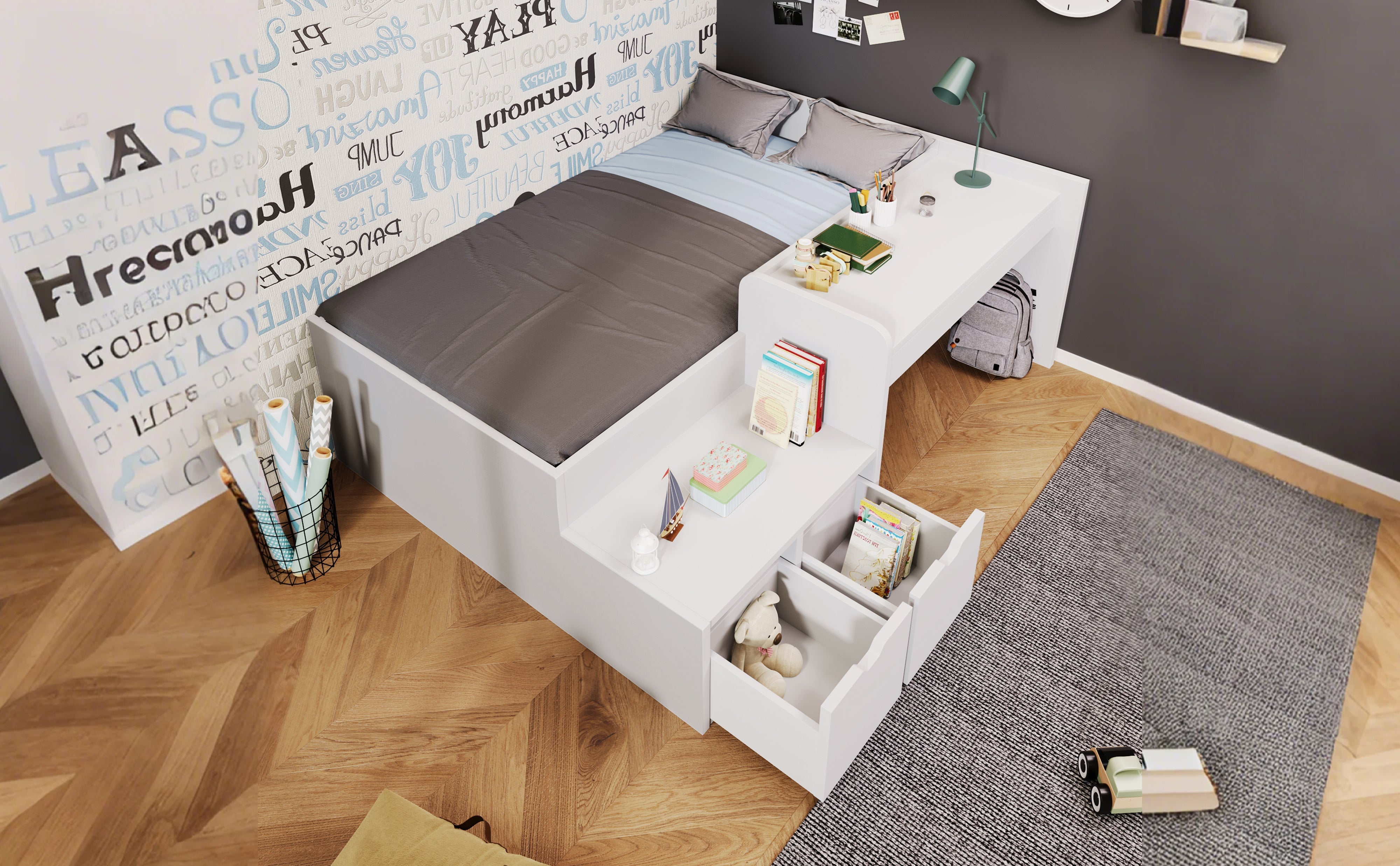 Logidon kinderbed 90x200 massief hout wit met bureau en opbergruimte