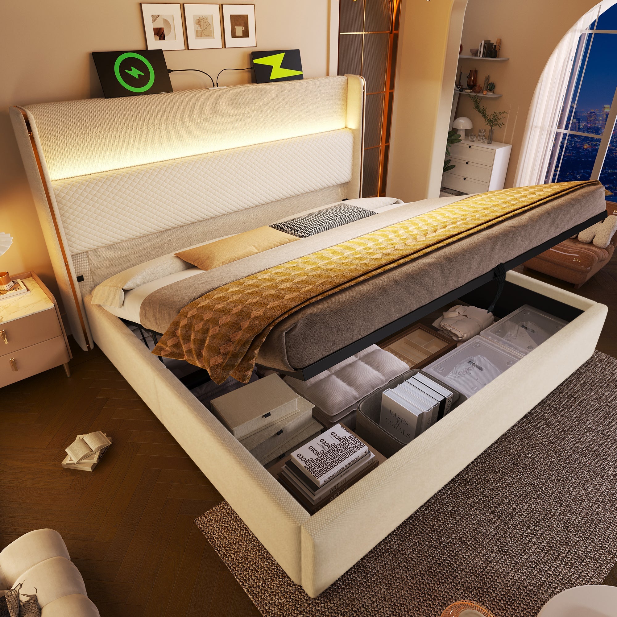 Logidon hydraulisch bed 140x200 beige linnenlook met LED