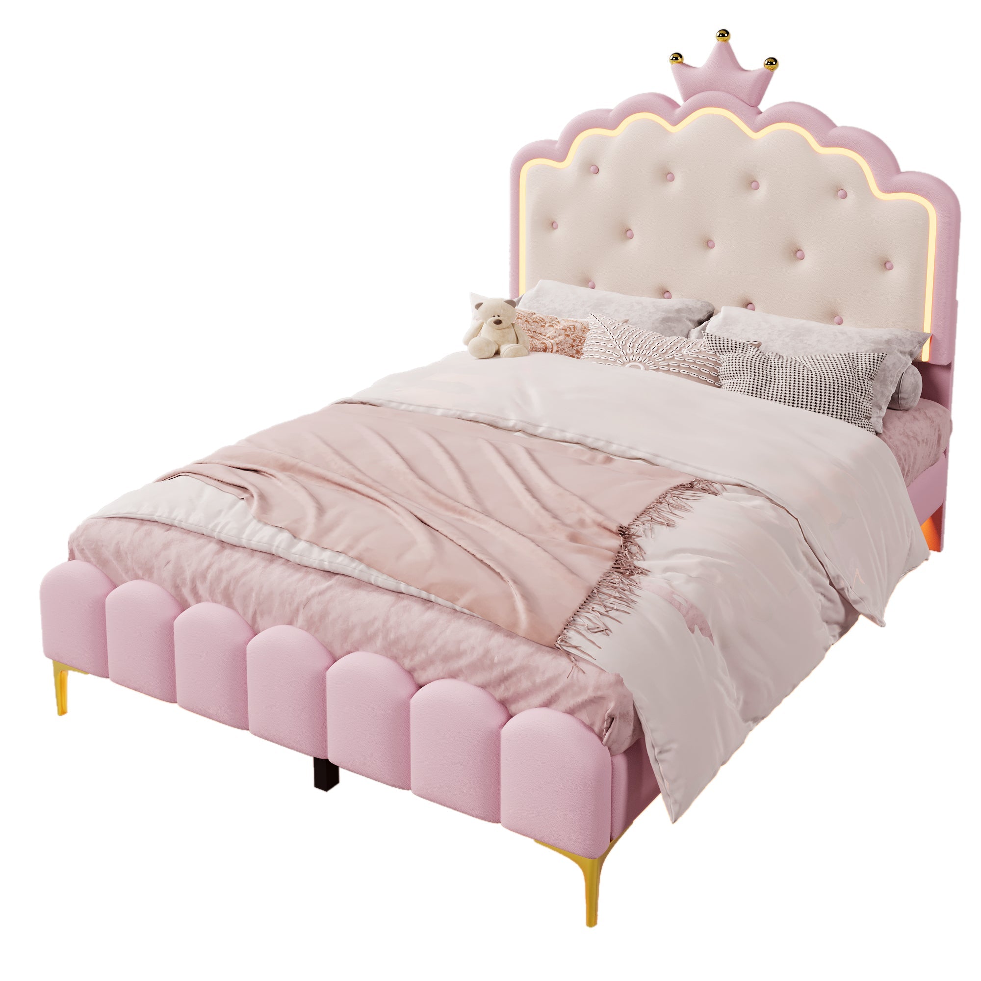 Logidon gestoffeerd bed 140x200 roze met lattenbodem LED-verlichting