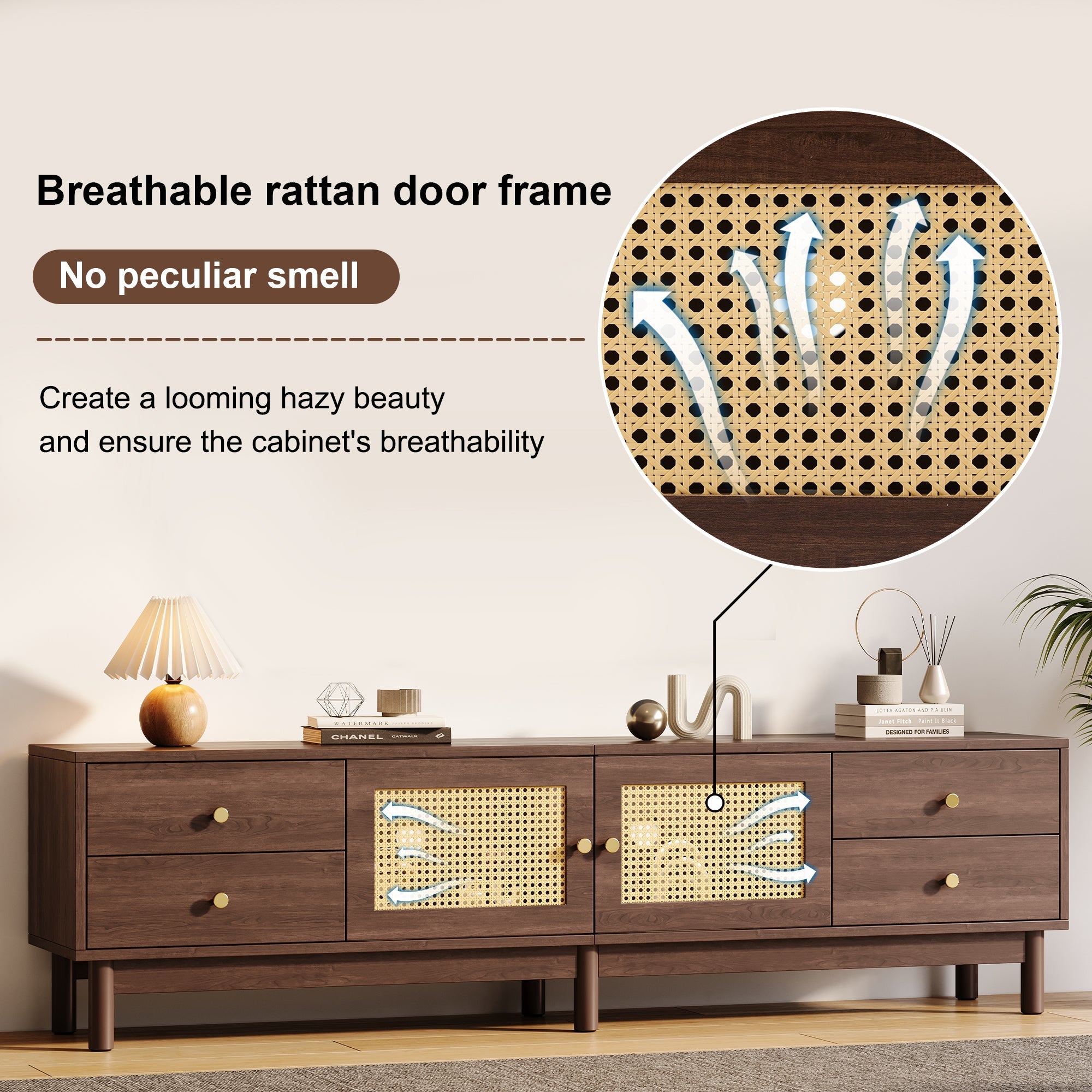 Logidon TV cabinet 180 cm dark wood look rattan doors cable management