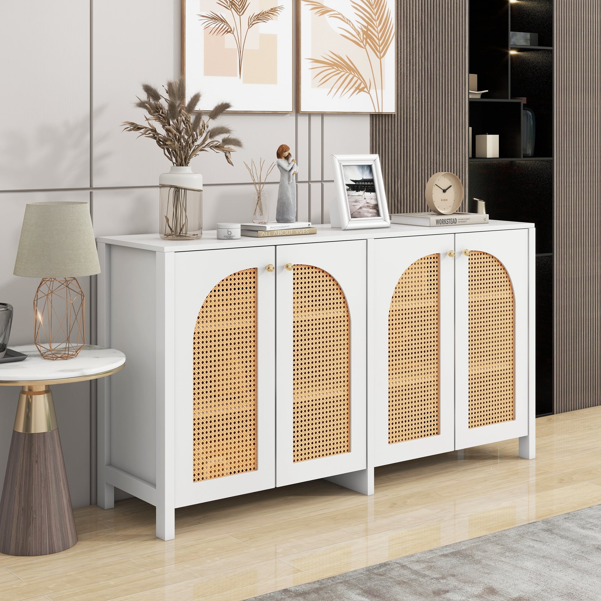Logidon Modern dressoir 4 rotan deuren wit 145x40x80 cm