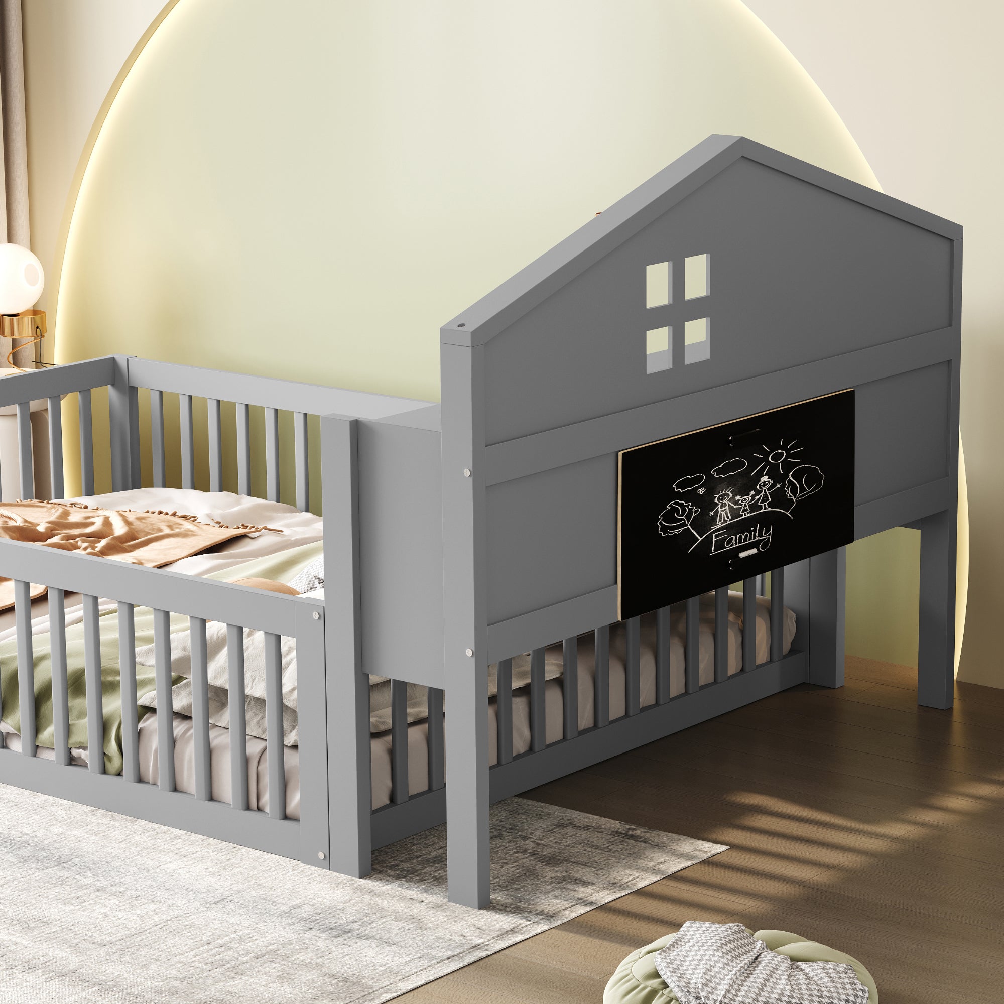 Logidon kinderbed 140x200 huisvorm massief hout grijs met opbergruimte