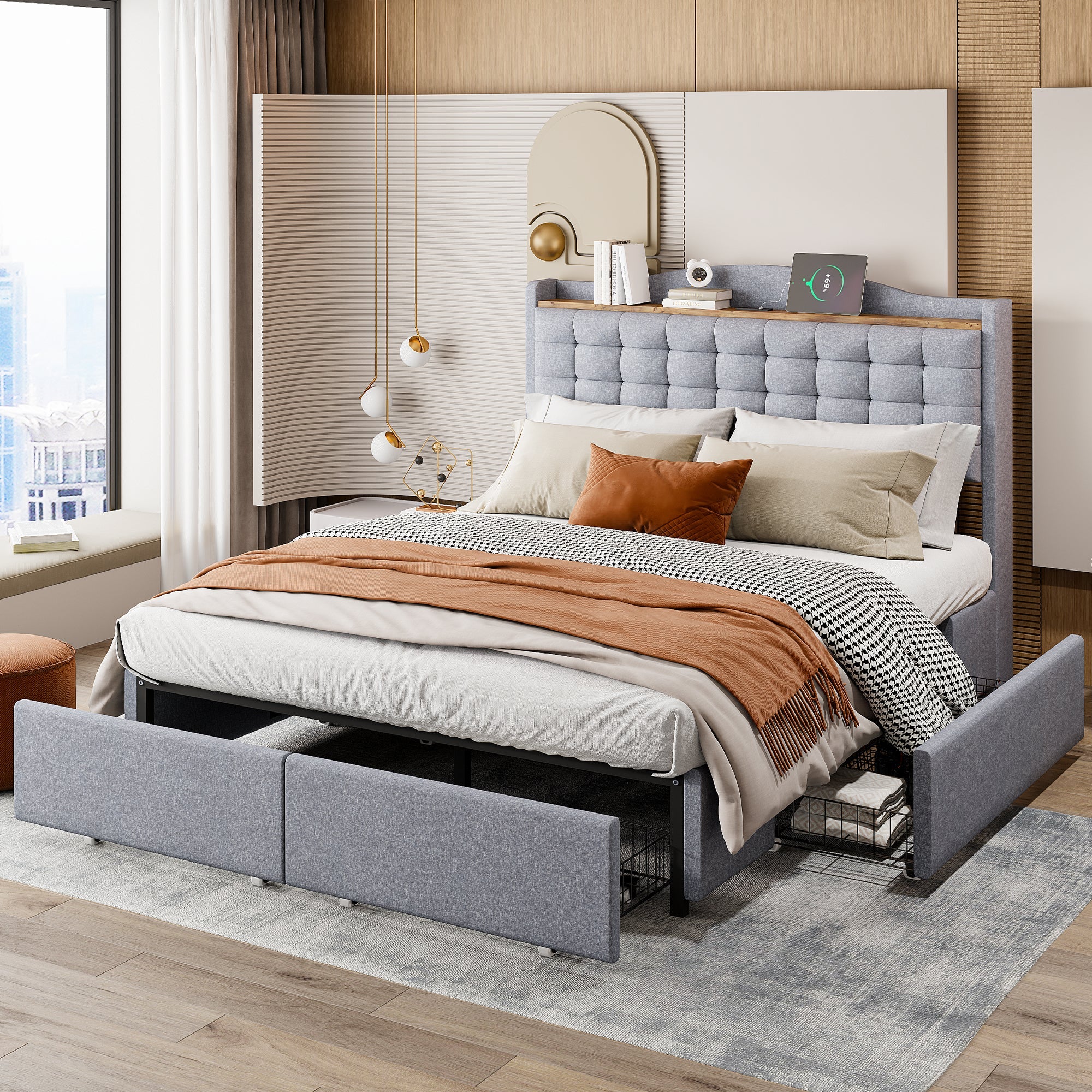 Logidon gestoffeerd bed 140x200 grijs linnen met USB-oplaadpoort