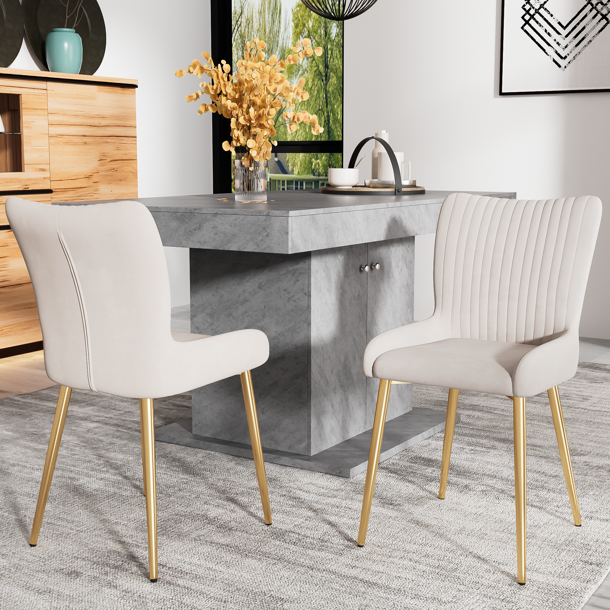 Logidon fluwelen eetkamerstoelen beige, set van 6 met goudkleurige metalen poten
