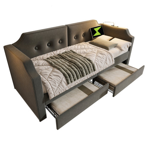 Logidon gestoffeerde slaapbank 90x200 cm fluweelgrijs USB-leeslamp